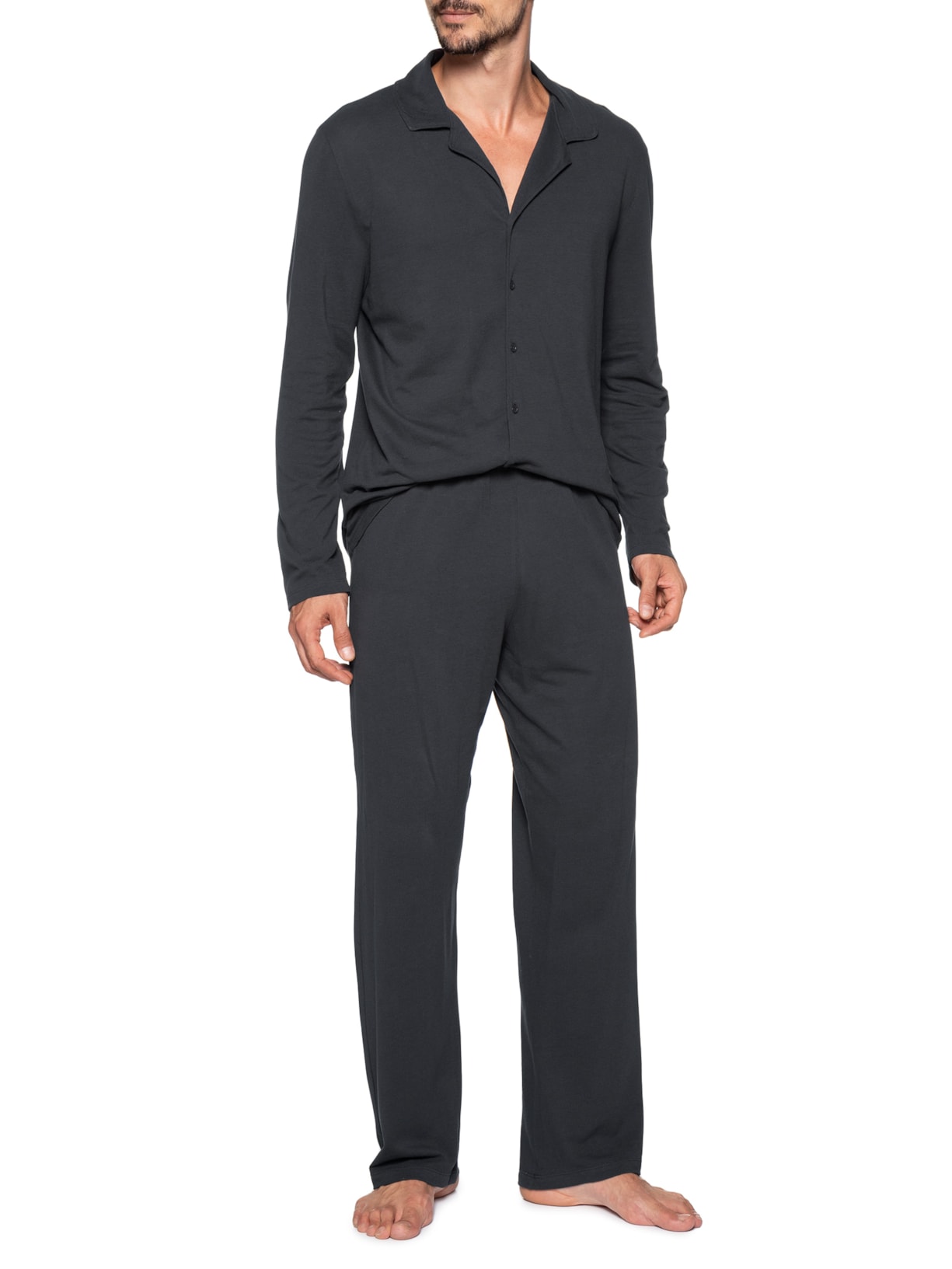 Pijama Masculino Longo Americano Em Malha Piquet Cinza Hering Intimates