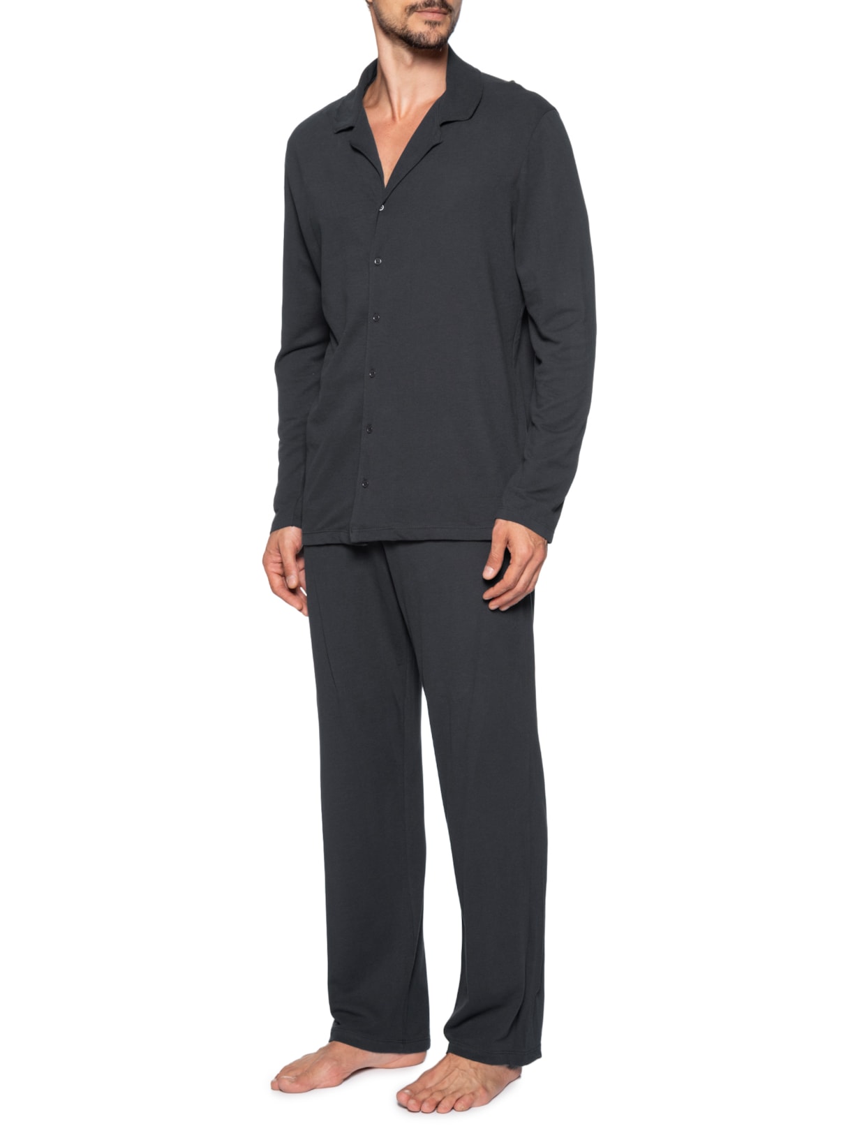 Pijama Masculino Longo Americano Em Malha Piquet Cinza Hering Intimates