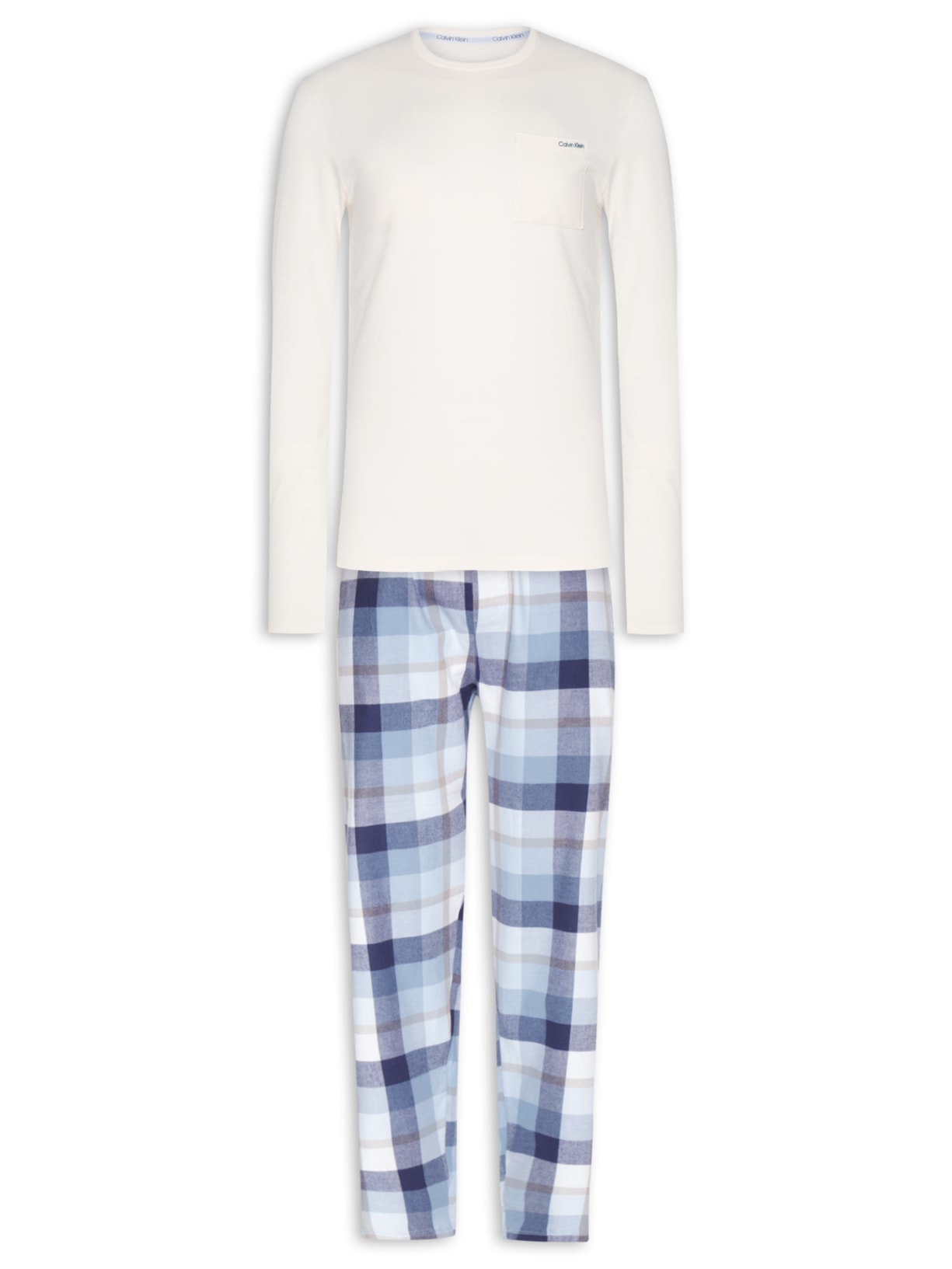 Pijama Masculino Manga Longa Bolso Calça Flanela Elástico - Branco