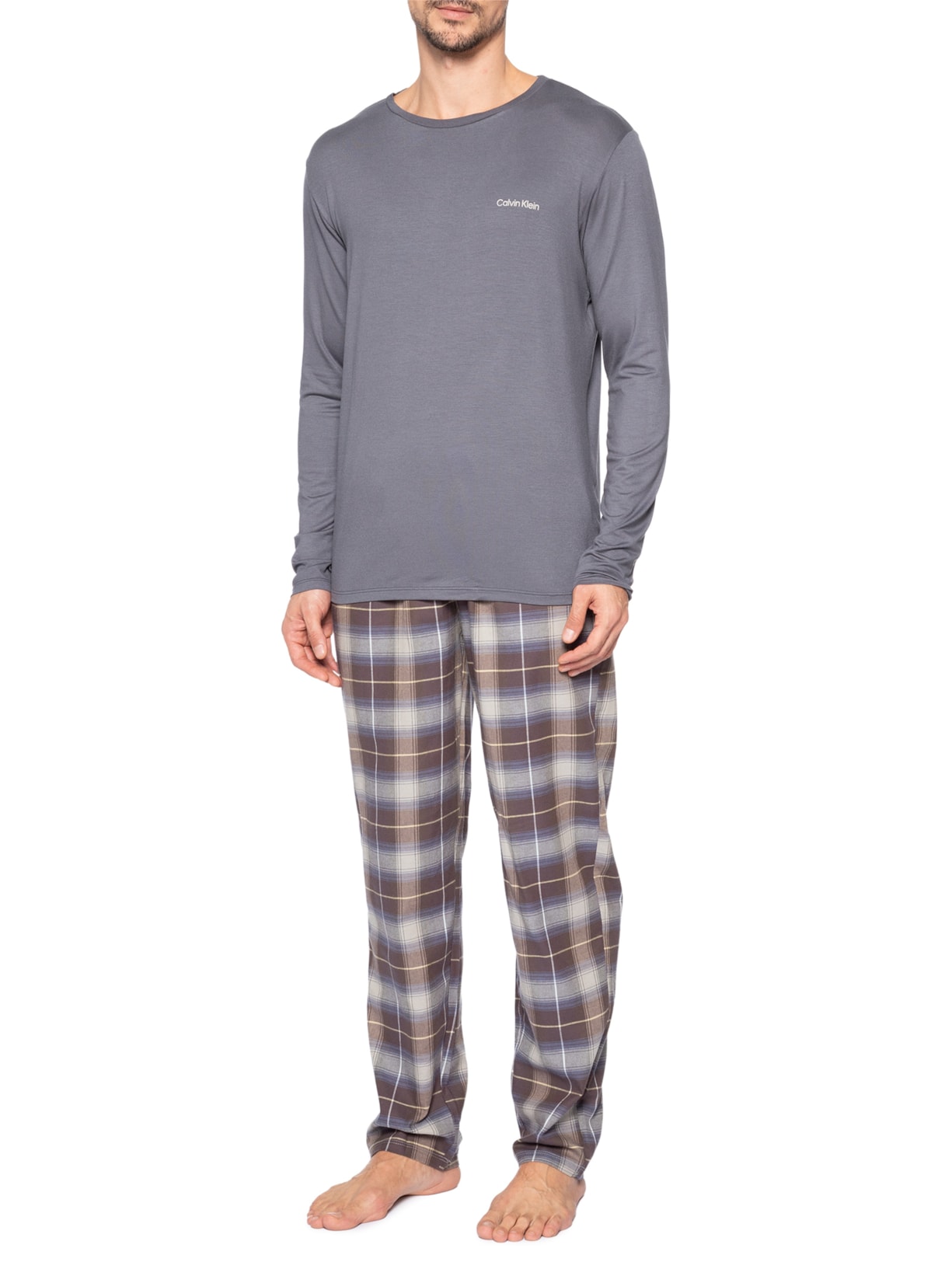 Pijama Masculino Manga Longa Com Calça Bolsos Flanela Cinza Calvin Klein Underwear