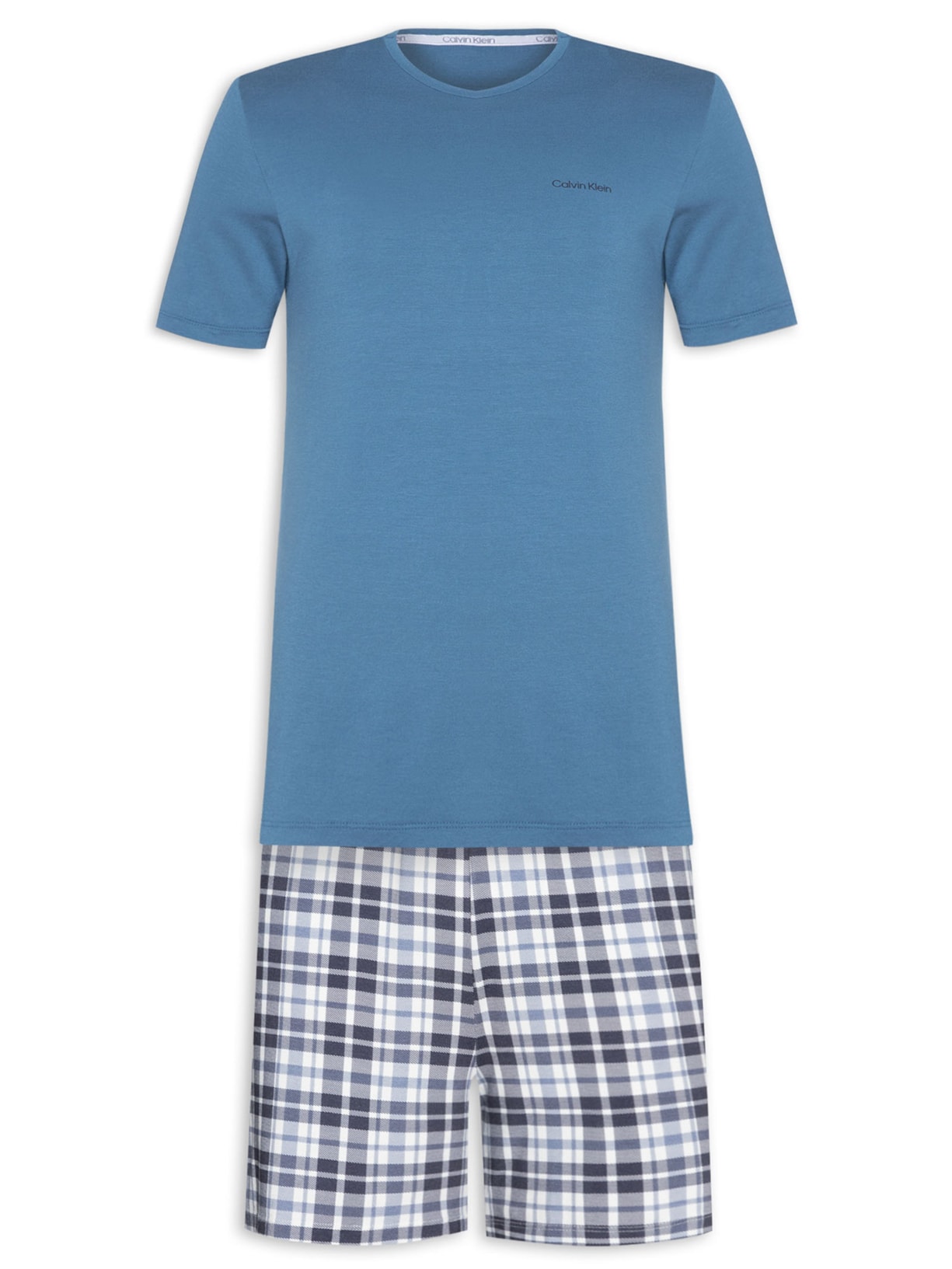 Pijama Masculino Visco Manga Curta E Bermuda Xadrez - Azul