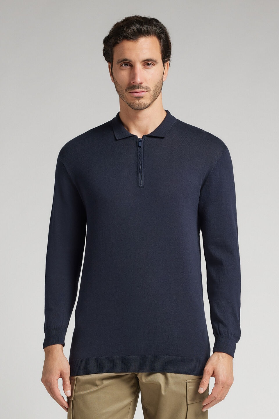 Polo De Manga Comprida Em Algodão Com Zíper - Azul