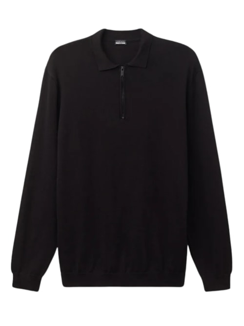 Polo De Manga Comprida Em Algodão Com Zíper - Preto