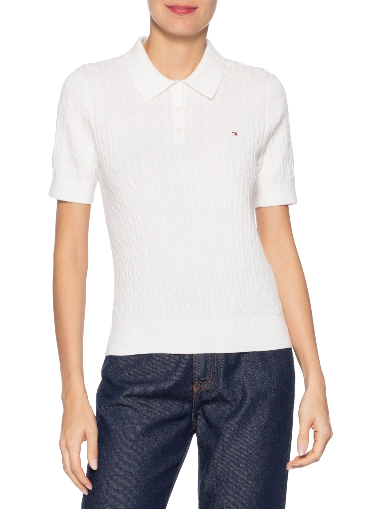 Polo Feminina Co Cable S/S NK Branco Tommy Hilfiger