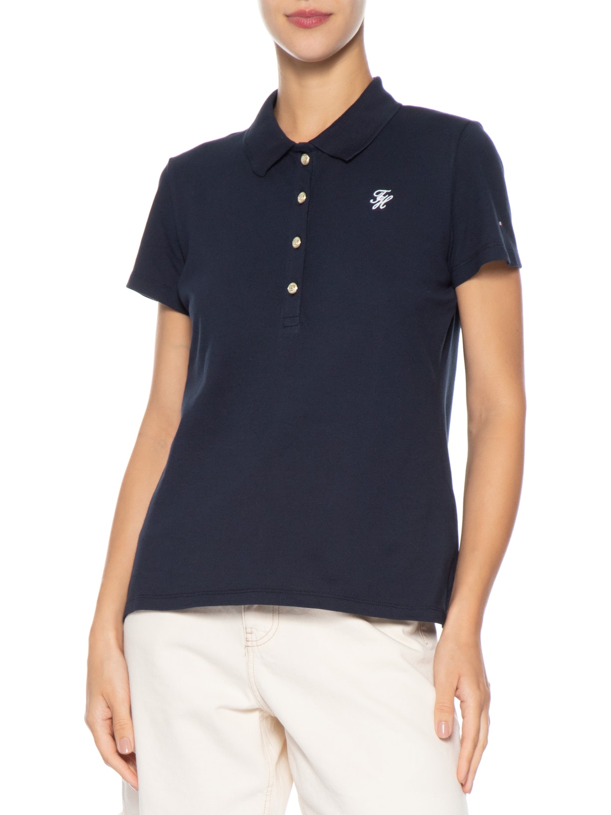 Polo Feminina Co Piquê S/S Script Azul Tommy Hilfiger