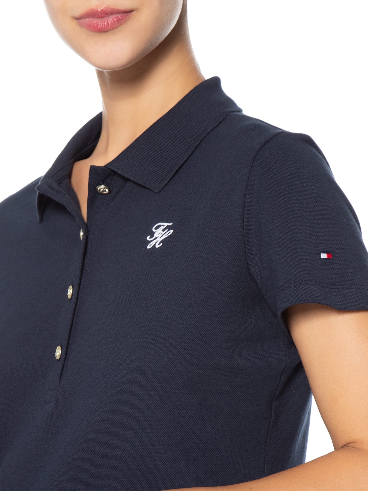 Polo Feminina Co Piquê S/S Script Azul Tommy Hilfiger