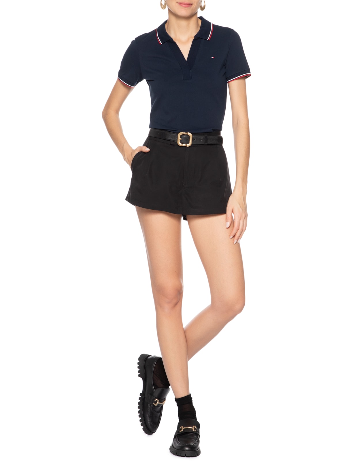 Polo Feminina Rwb Tip Slim Open Azul Tommy Hilfiger