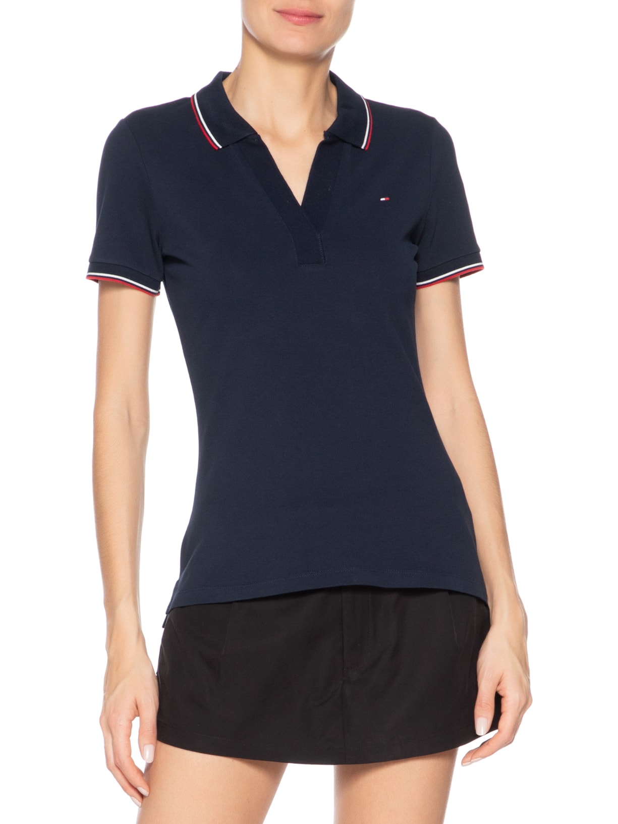 Polo Feminina Rwb Tip Slim Open Azul Tommy Hilfiger