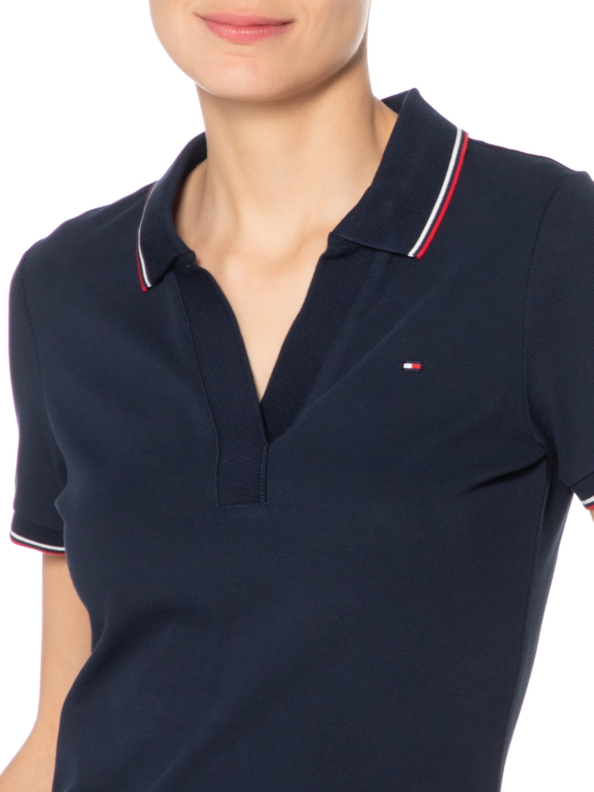 Polo Feminina Rwb Tip Slim Open Azul Tommy Hilfiger