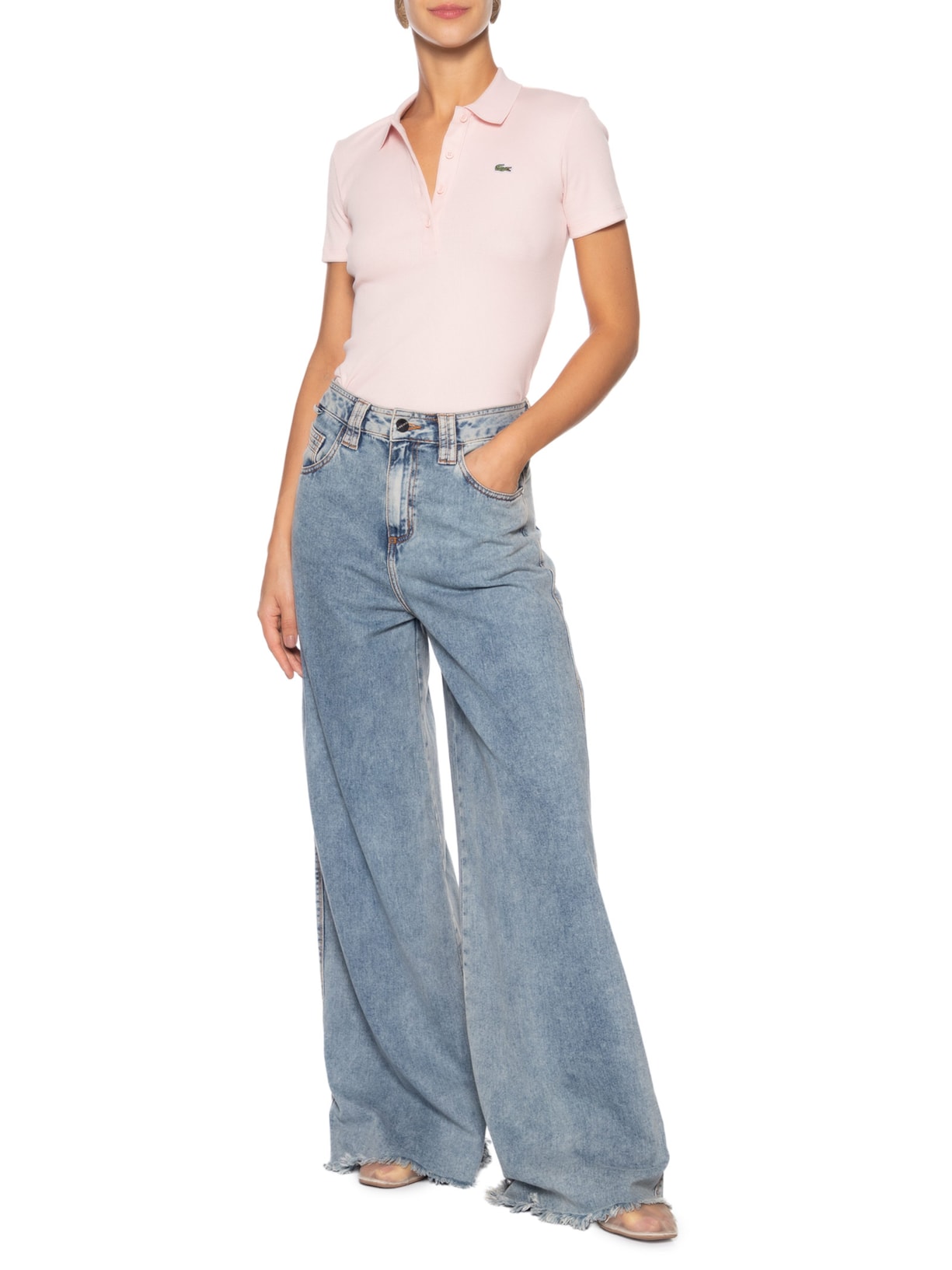 Polo Feminina Slim Fit Algodão Canelado Rosa Lacoste