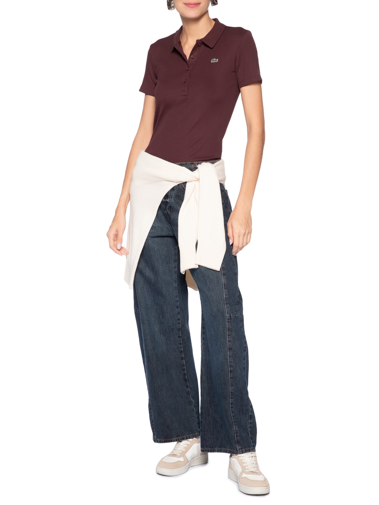 Polo Feminina Slim Fit Em Algodão Canelado Marrom Lacoste