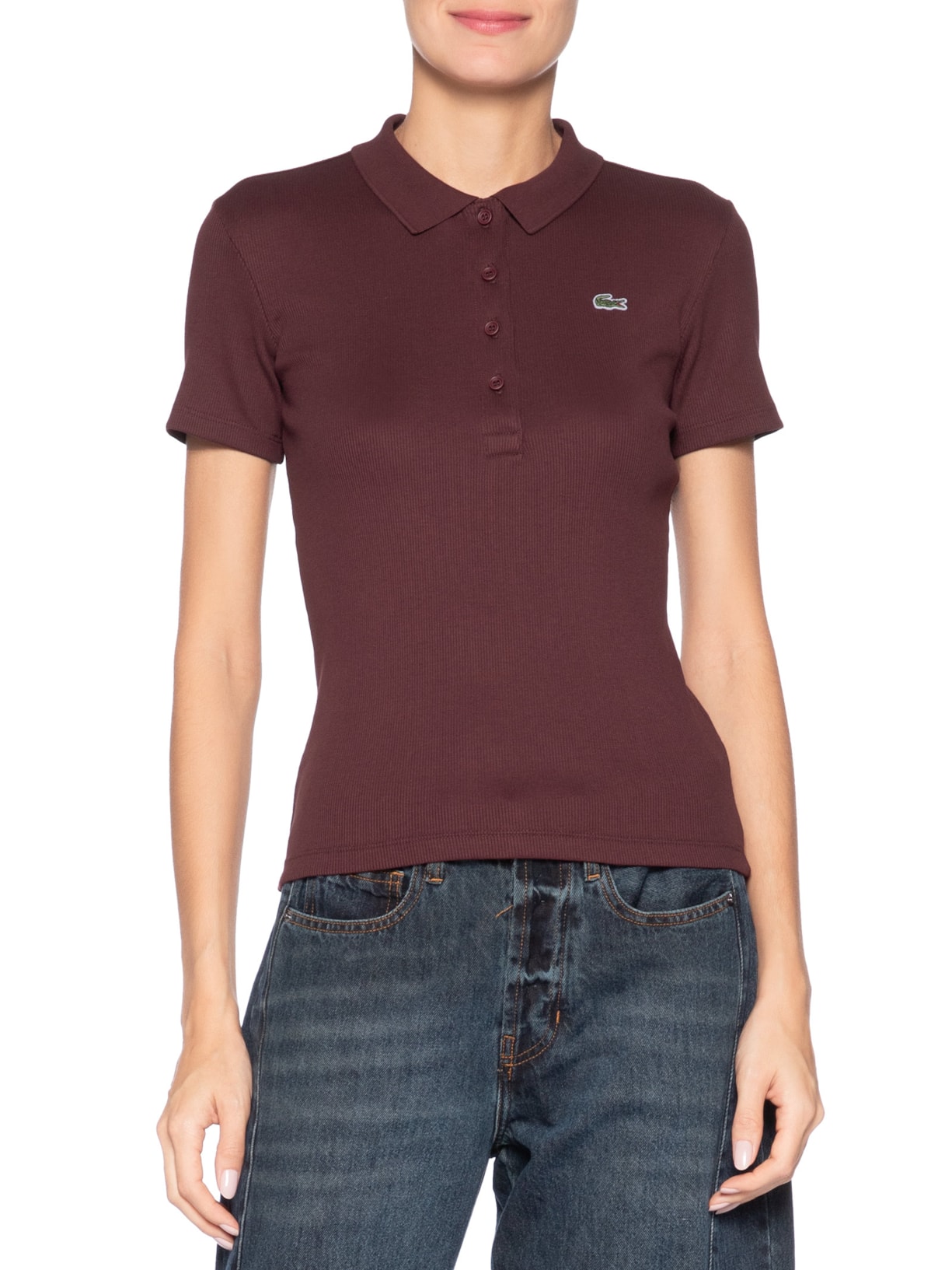 Polo Feminina Slim Fit Em Algodão Canelado Marrom Lacoste
