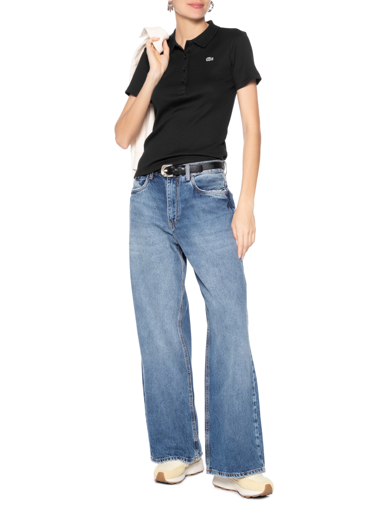 Polo Feminina Slim Fit Em Algodão Preto Lacoste