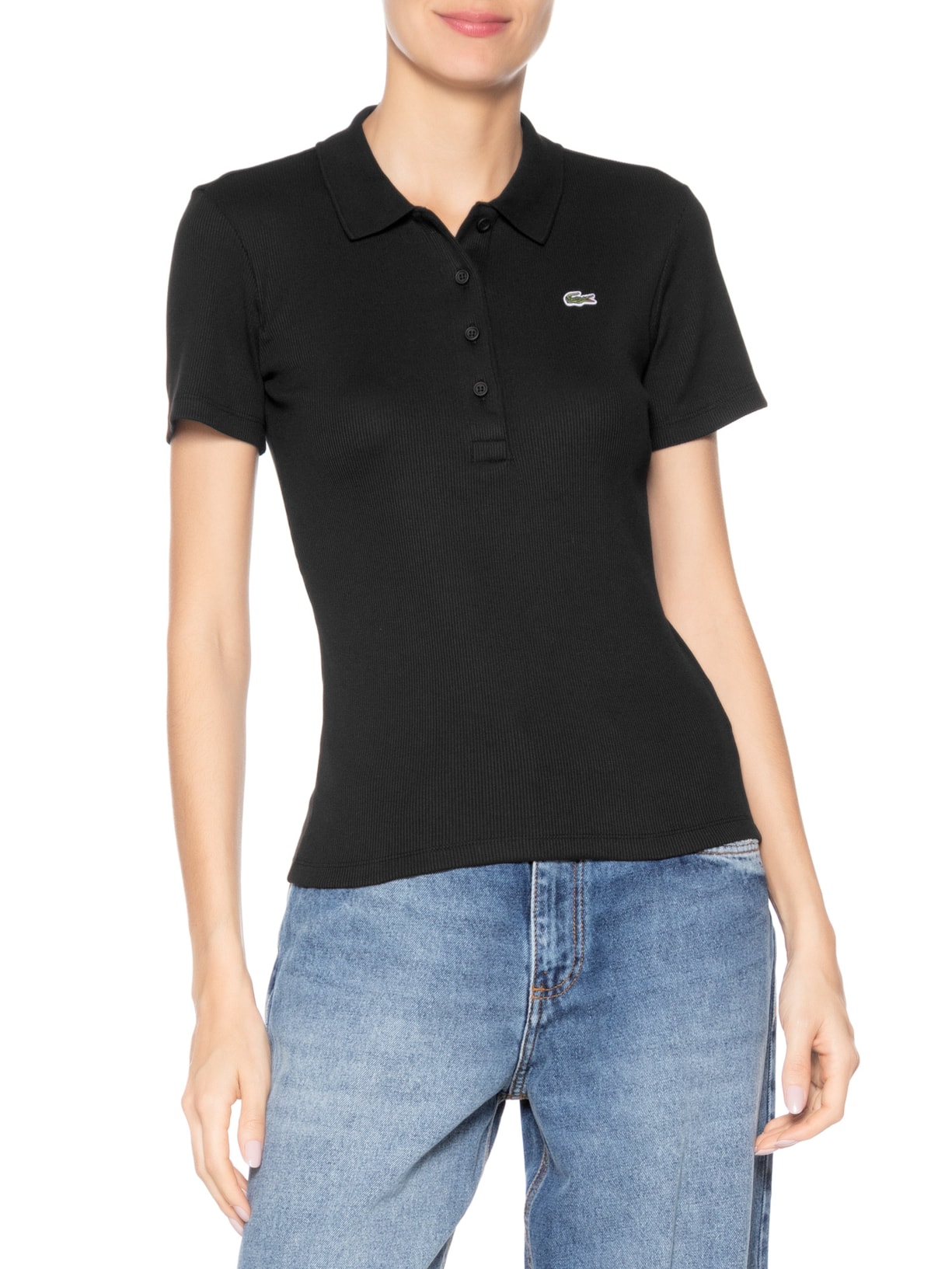 Polo Feminina Slim Fit Em Algodão Preto Lacoste