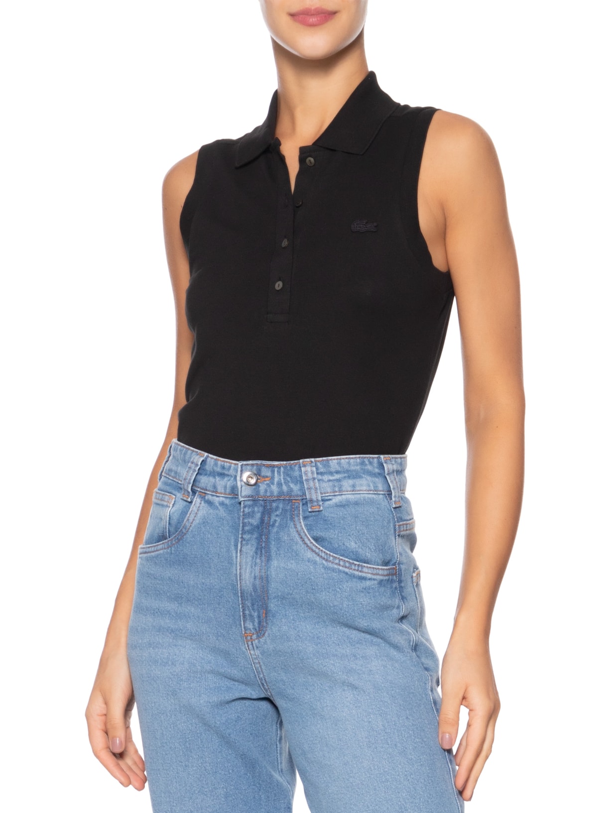 Polo Feminina Slim Fit Sem Mangas Preto Lacoste