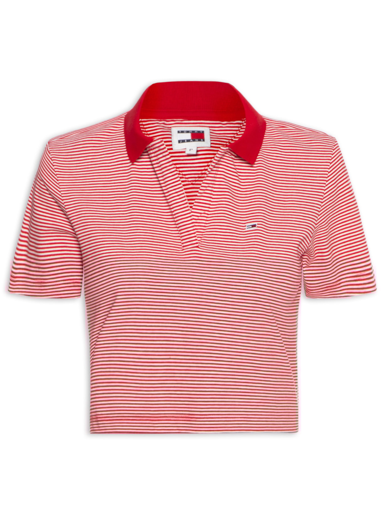 Polo Feminina Stripe V Neck - Vermelho