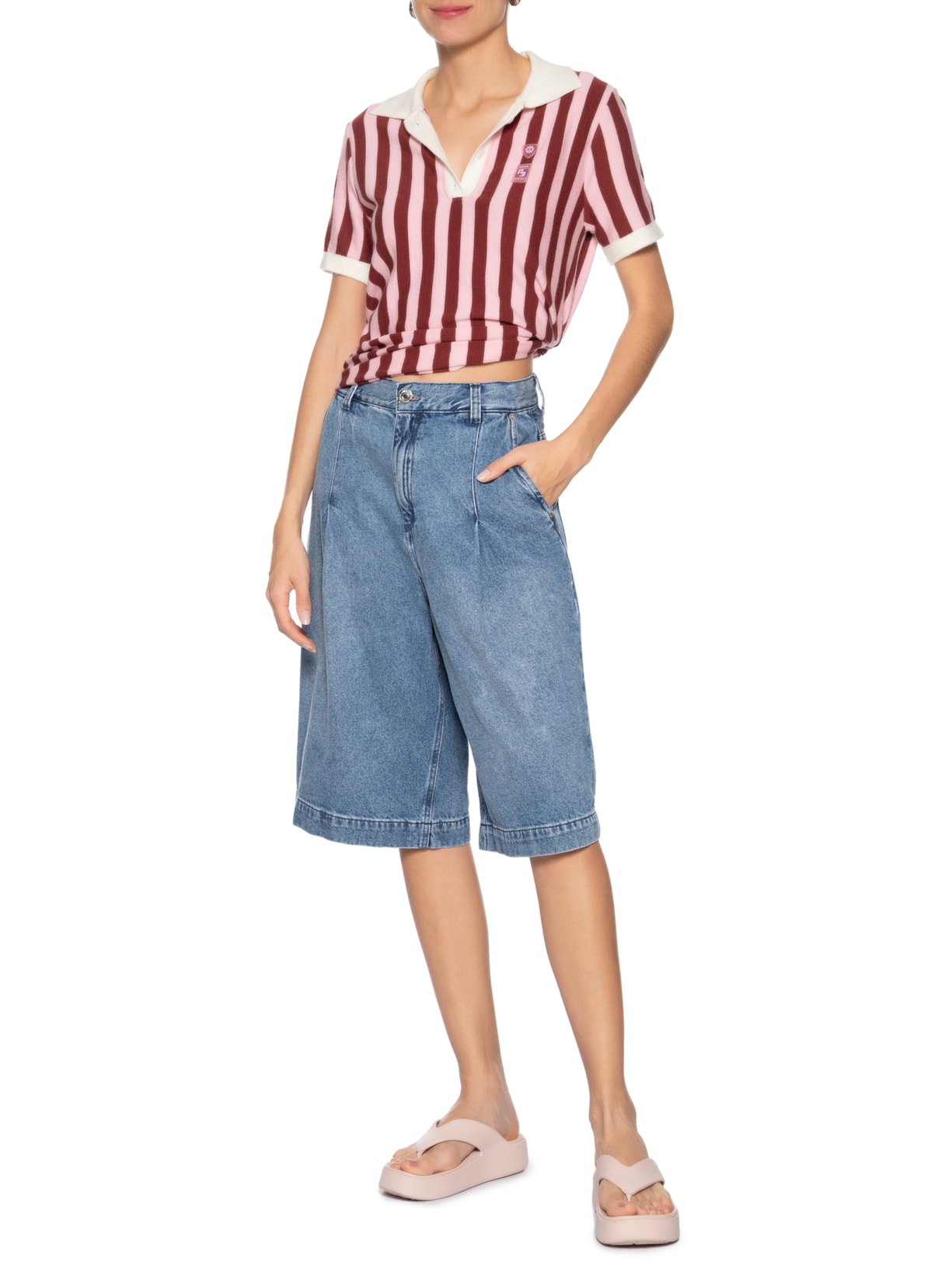 Polo Feminina Tricot Patch Rosa Animale Jeans