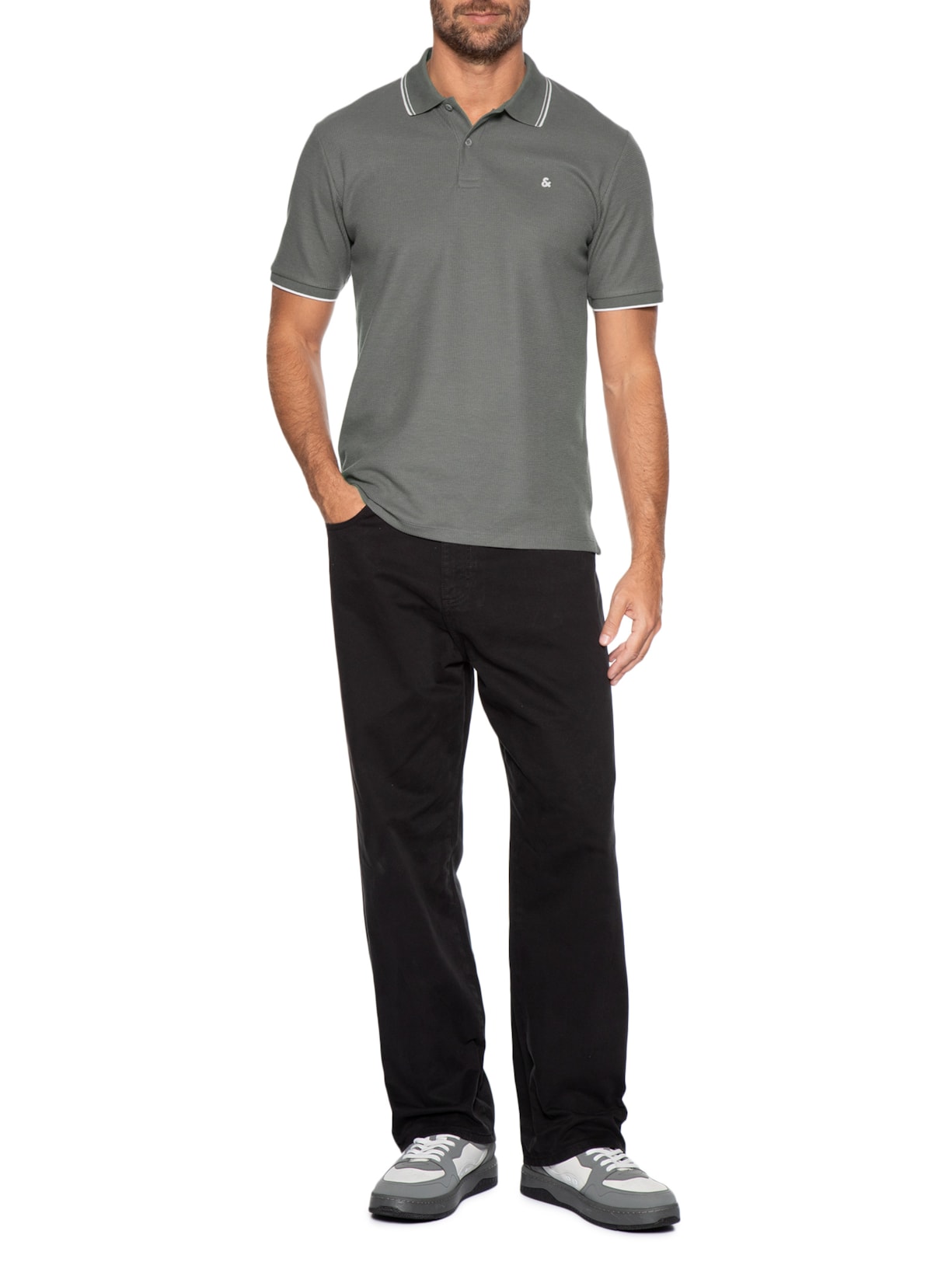 Polo Masculina Austin Com Friso Cinza Jack & Jones