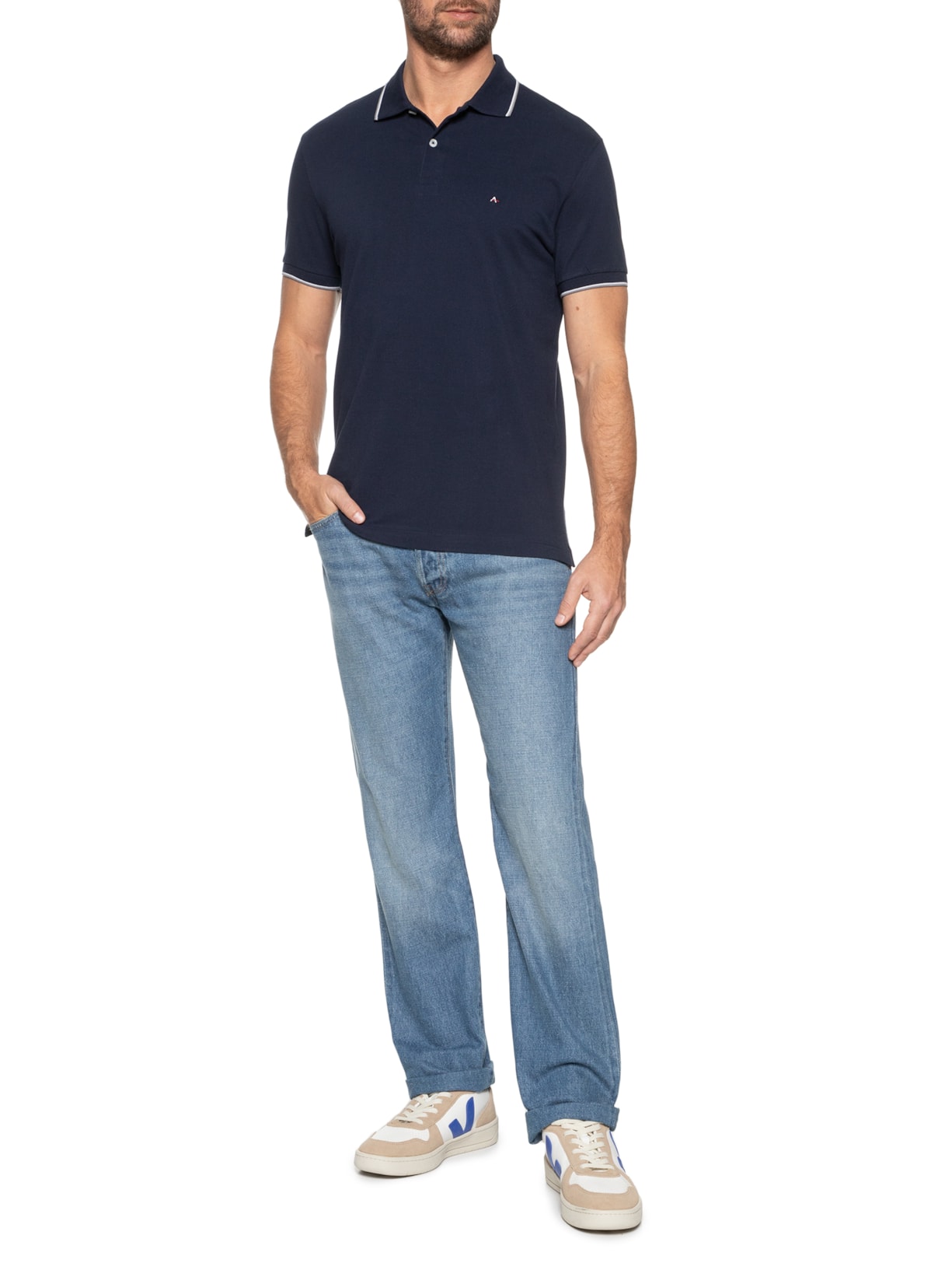 Polo Masculina Básica 4 Frisos (PA) Azul Aramis