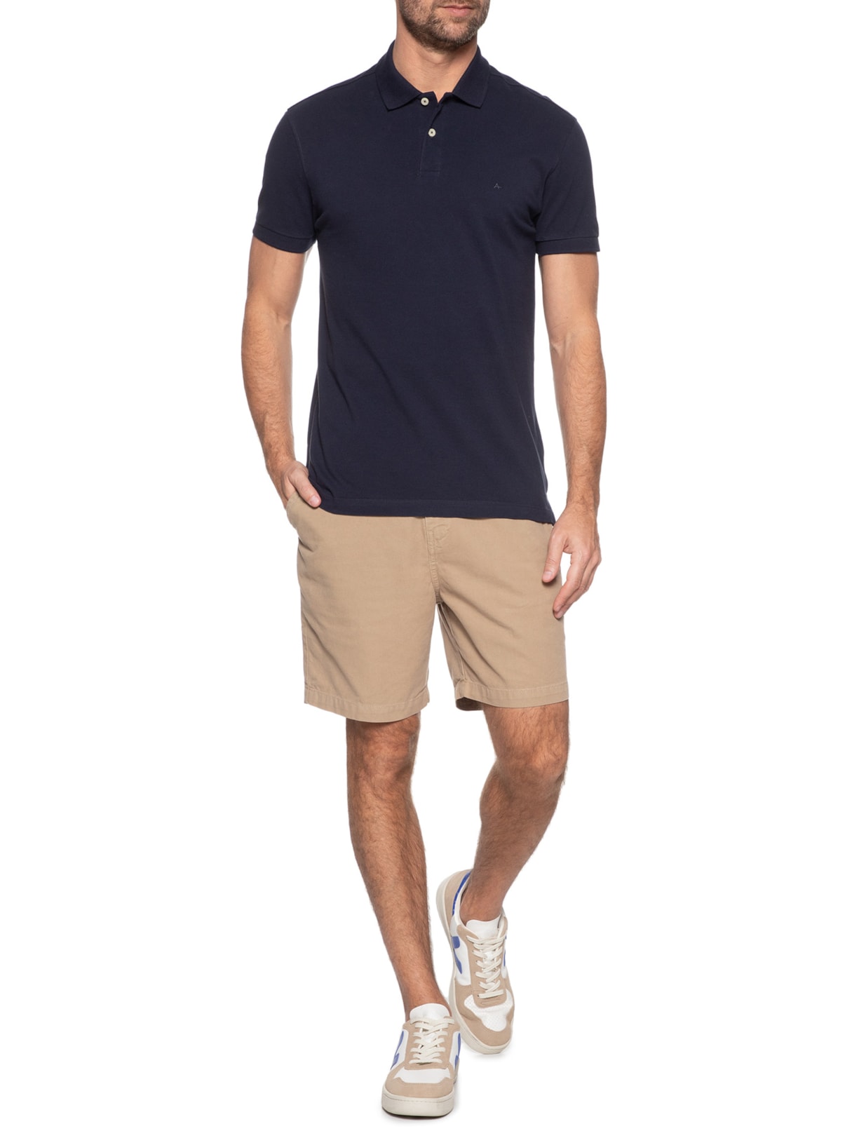 Polo Masculina Básica em Piquet Azul Aramis