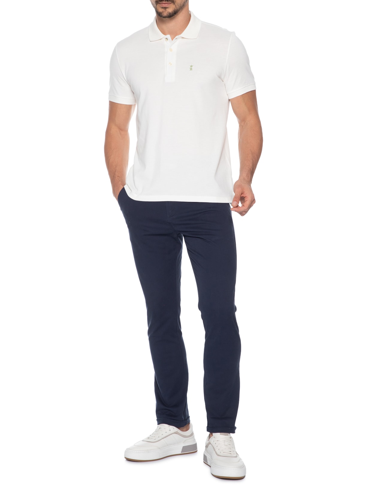 Polo Masculina Básica Piquet Branco e Verde Sergio K