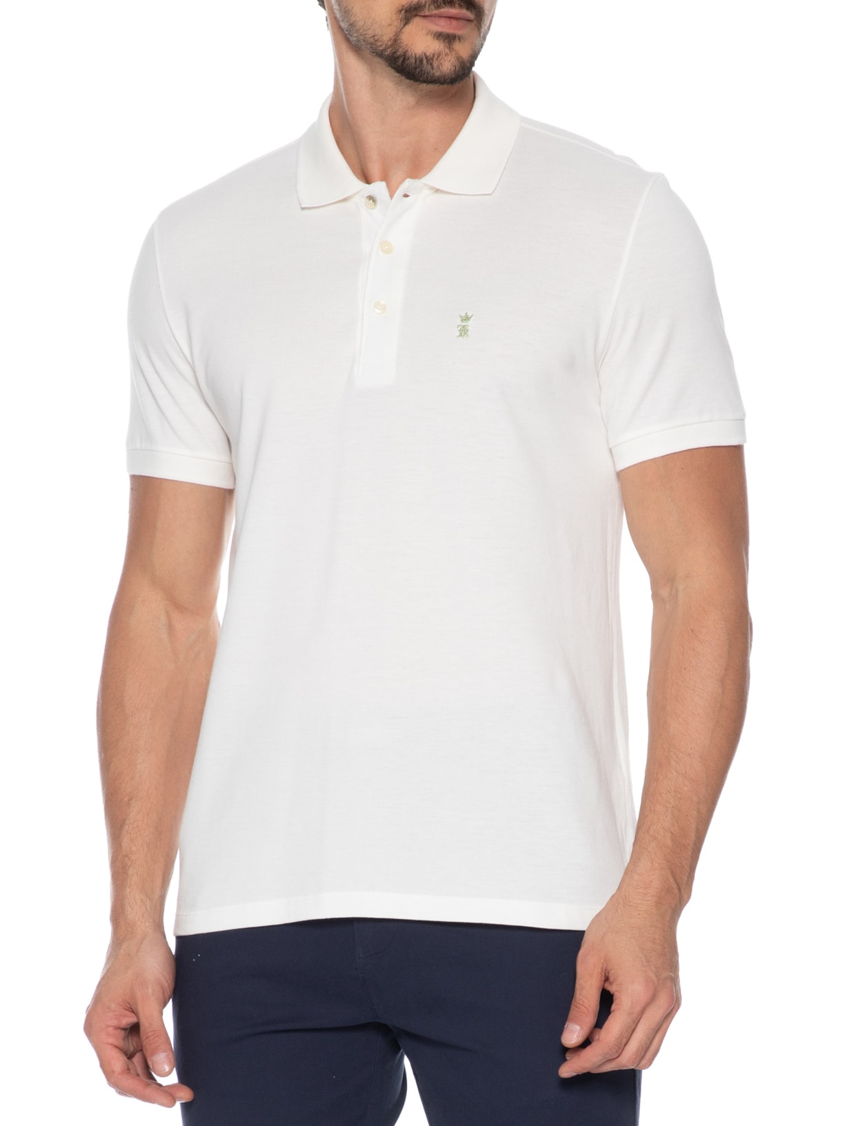 Polo Masculina Básica Piquet Branco e Verde Sergio K