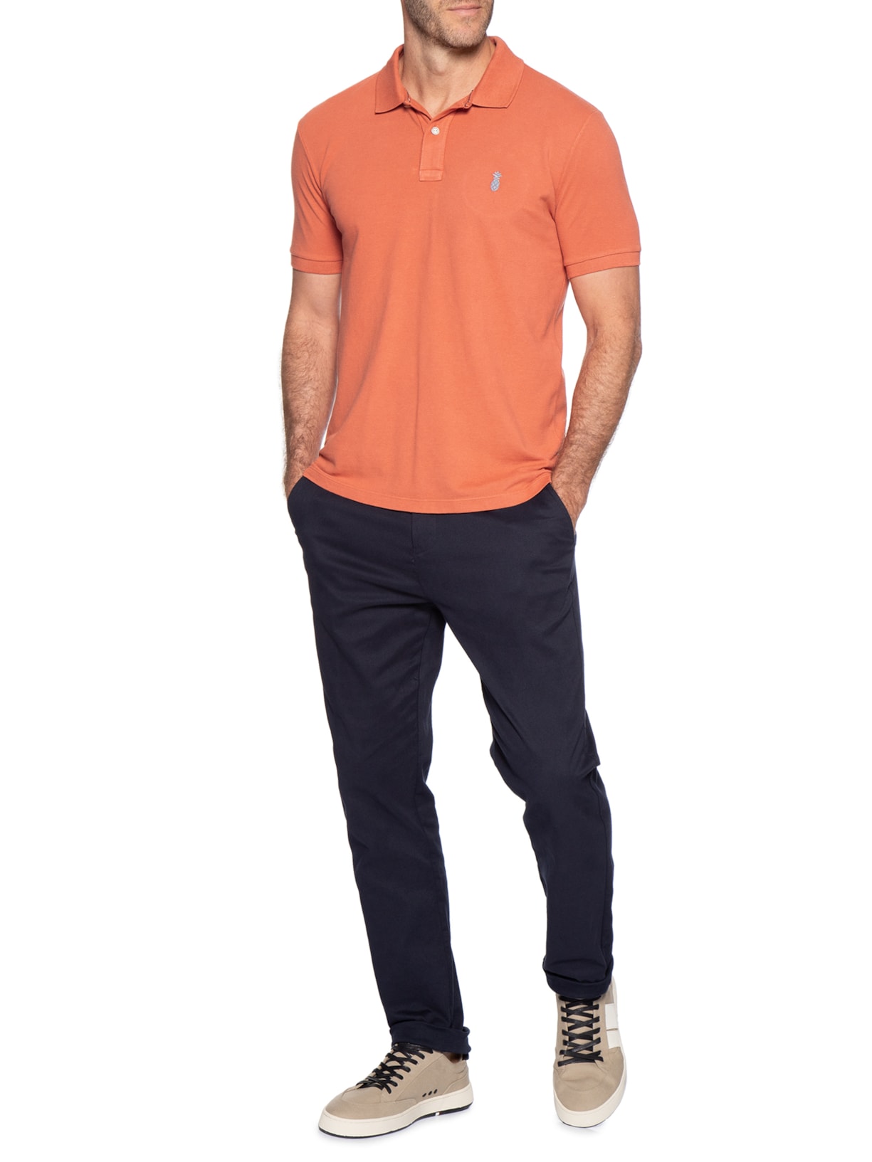 Polo Masculina Básica Summer Em Piquet De Algodão Laranja Pineapple