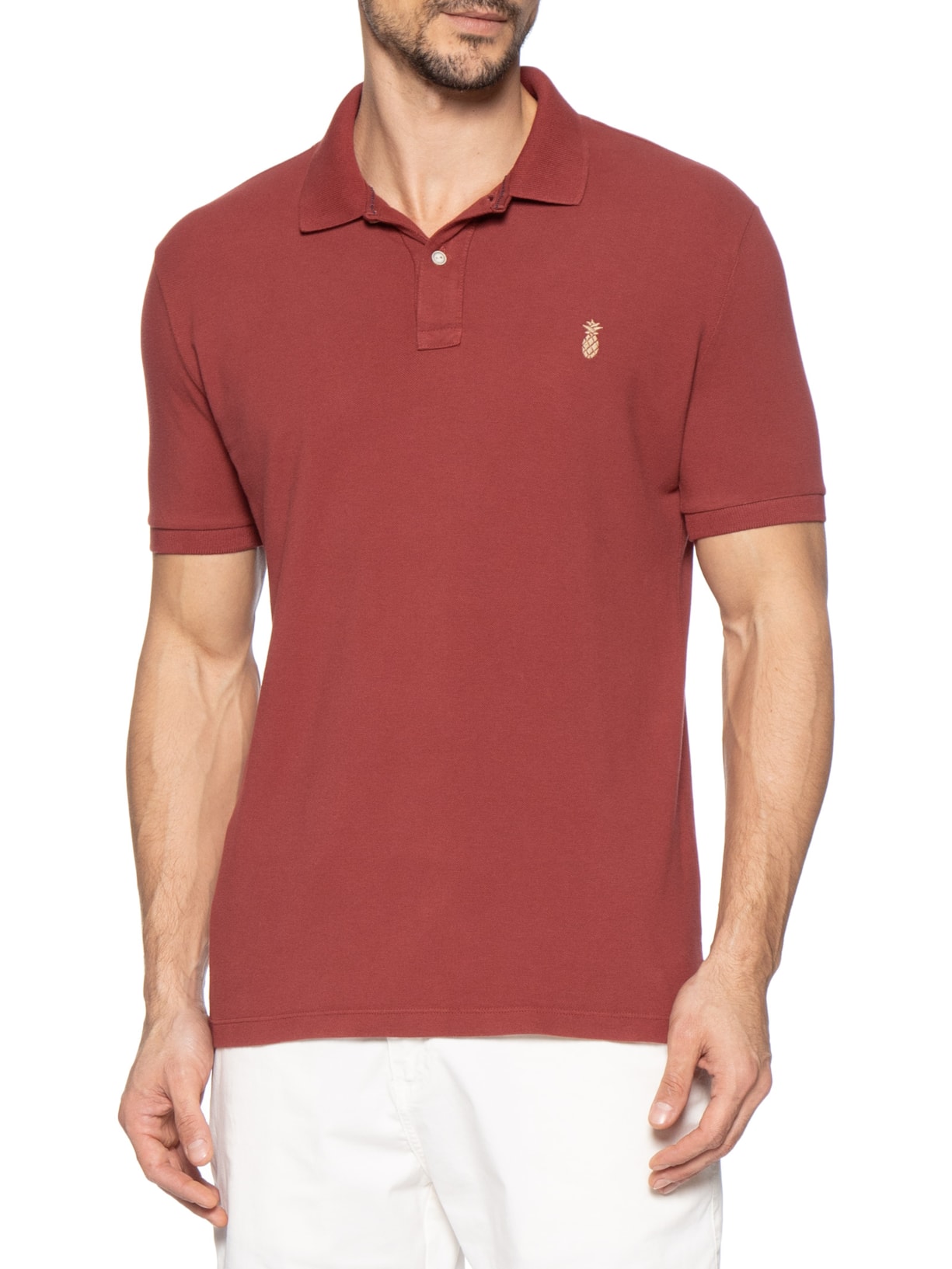 Polo Masculina Básica Summer em Piquet de Algodão Vermelho Pineapple
