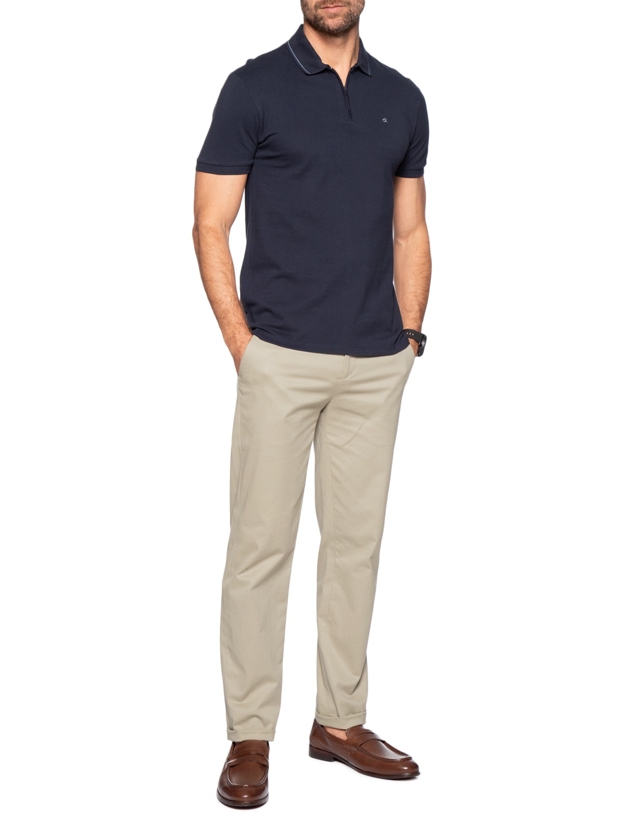 Polo Masculina CK Slim Fit Com Zíper Azul Calvin Klein