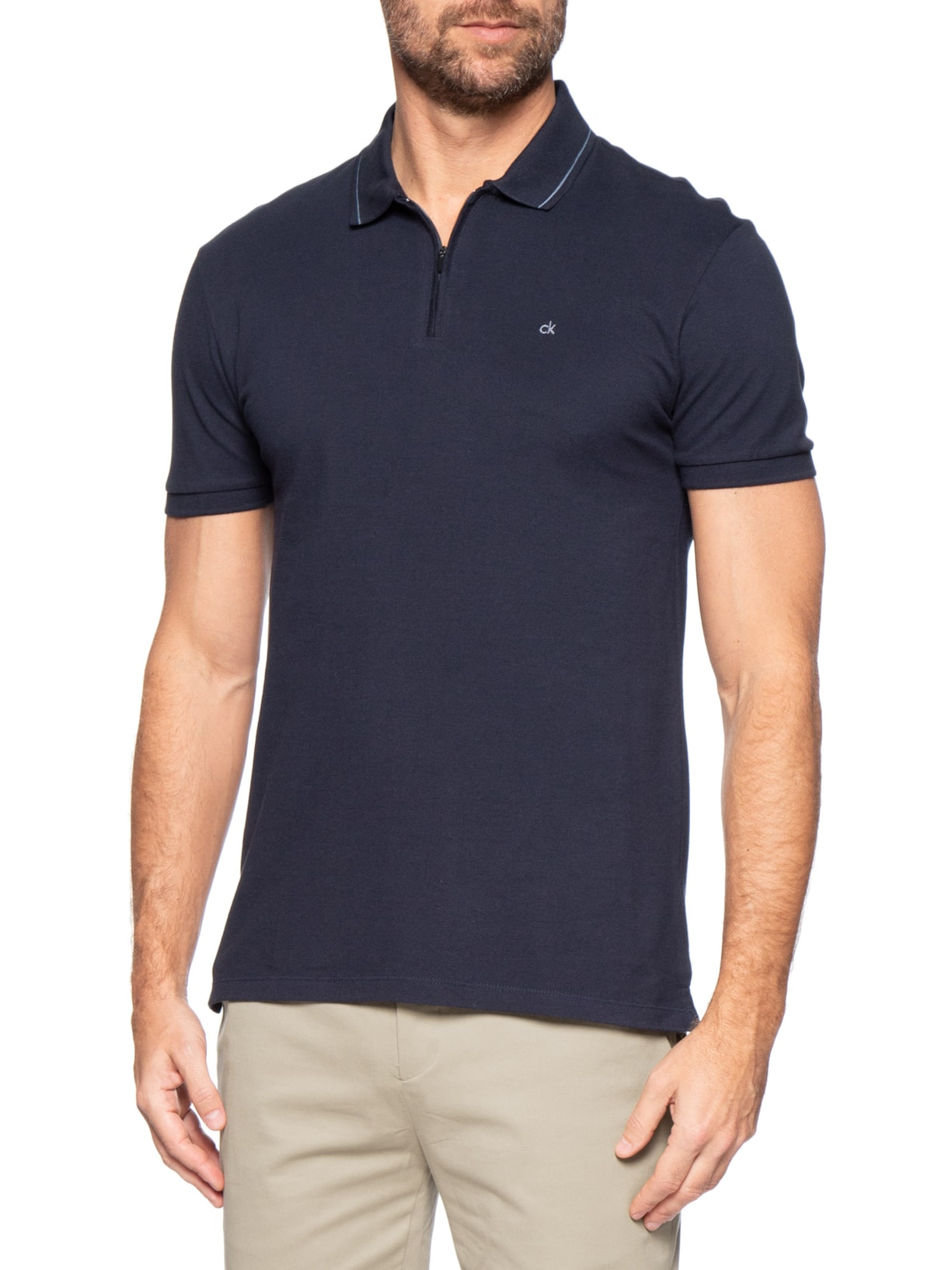 Polo Masculina CK Slim Fit Com Zíper Azul Calvin Klein