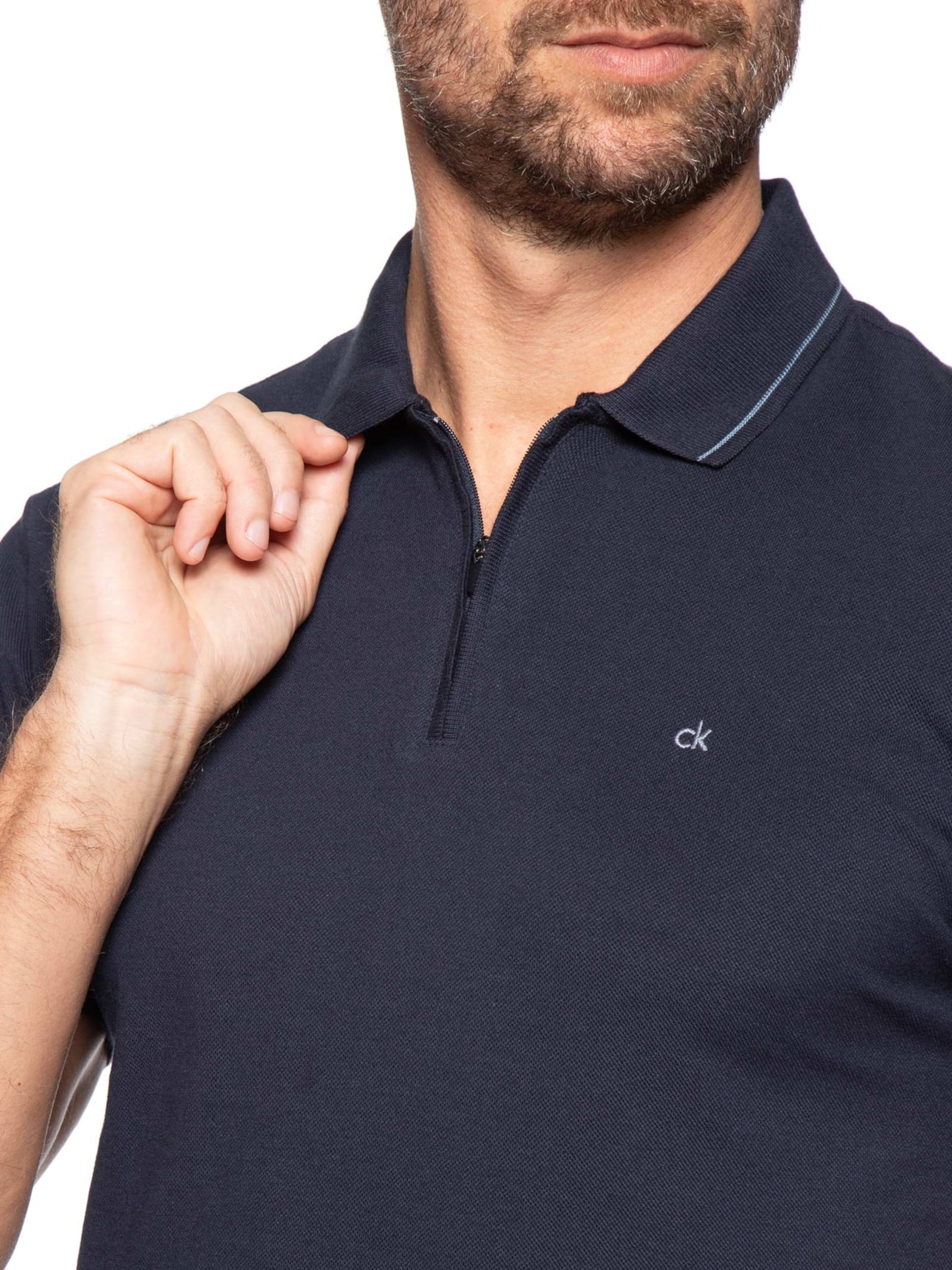 Polo Masculina CK Slim Fit Com Zíper Azul Calvin Klein