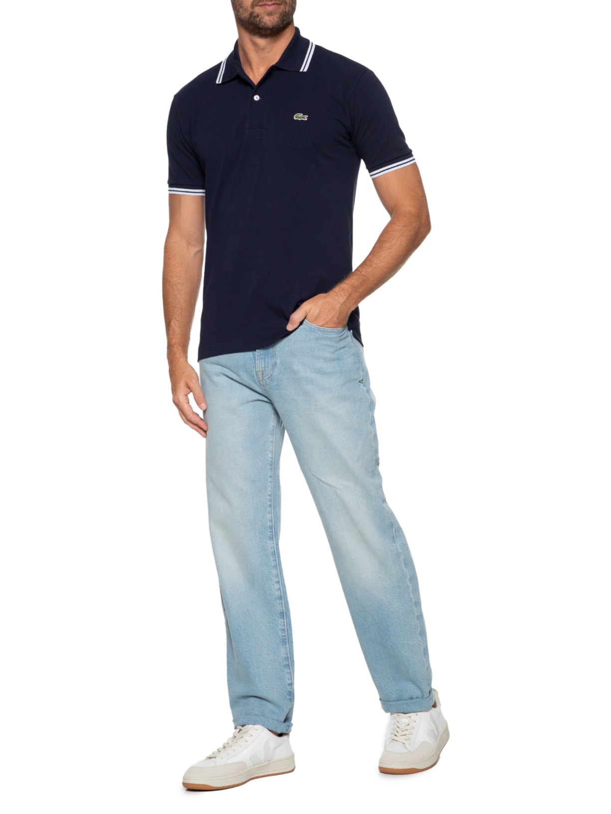 Polo Masculina Classic Fit Gola E Manga Listradas Em Piquet De Algodão Azul  Lacoste