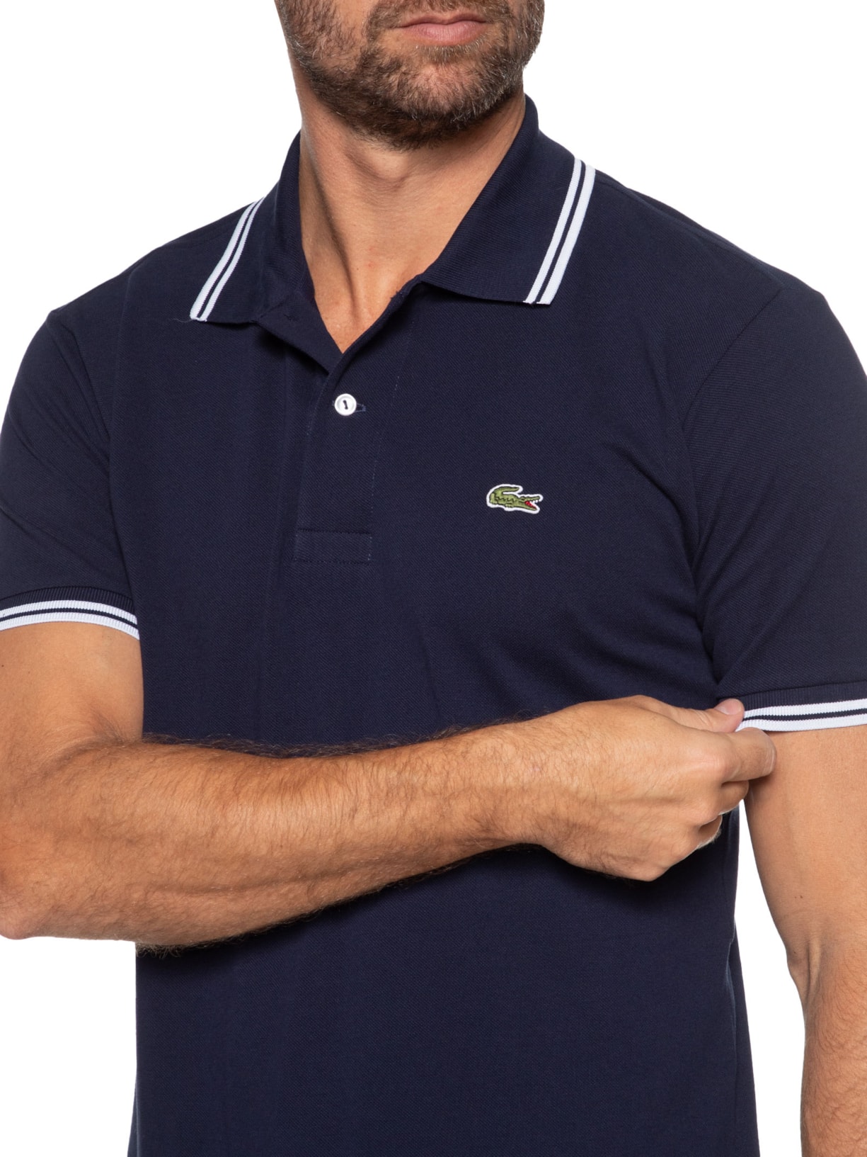 Polo Masculina Classic Fit Gola E Manga Listradas Em Piquet De Algodão Azul  Lacoste