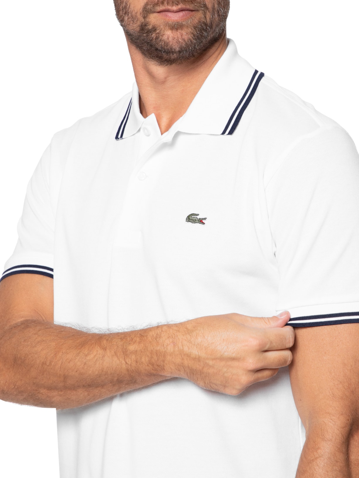 Polo Masculina Classic Fit Gola E Manga Listradas Em Piquet De Algodão Branco Lacoste