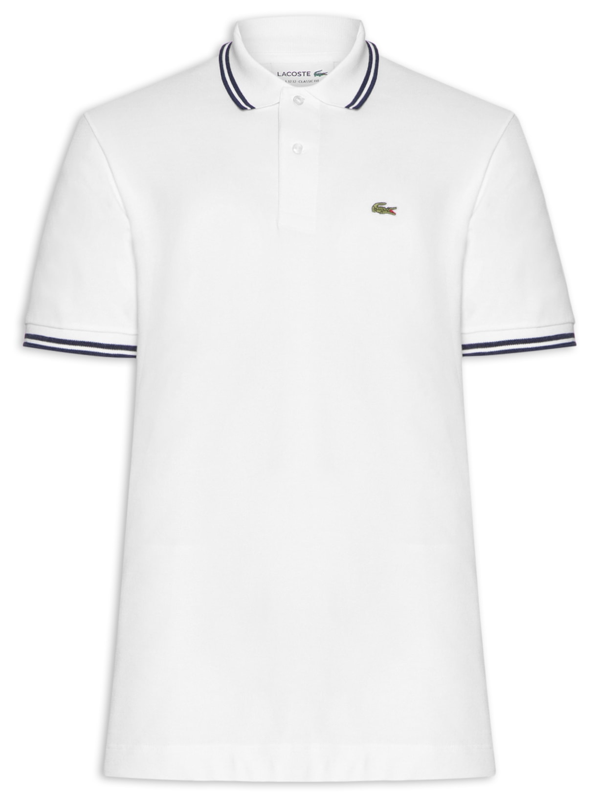 Polo Masculina Classic Fit Gola E Manga Listradas Em Piquet De Algodão Branco Lacoste