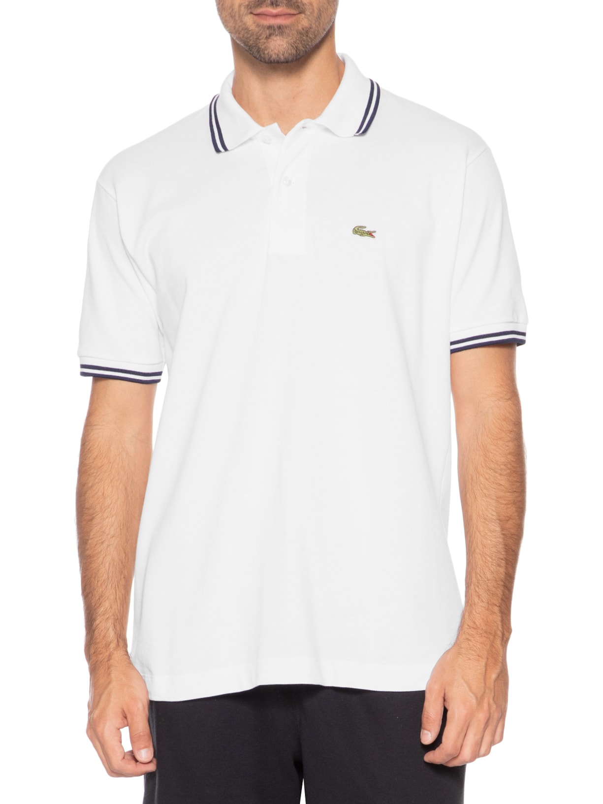 Polo Masculina Classic Fit Gola E Manga Listradas Em Piquet De Algodão Branco Lacoste
