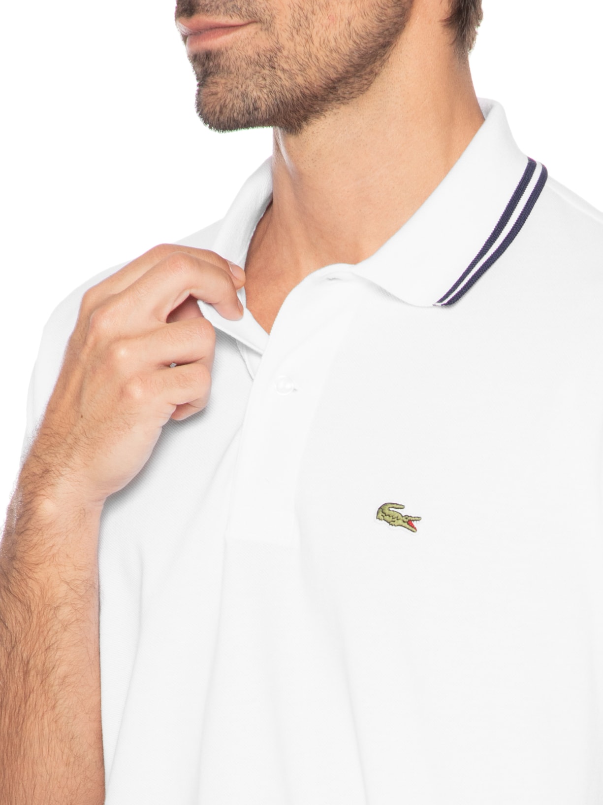 Polo Masculina Classic Fit Gola E Manga Listradas Em Piquet De Algodão Branco Lacoste