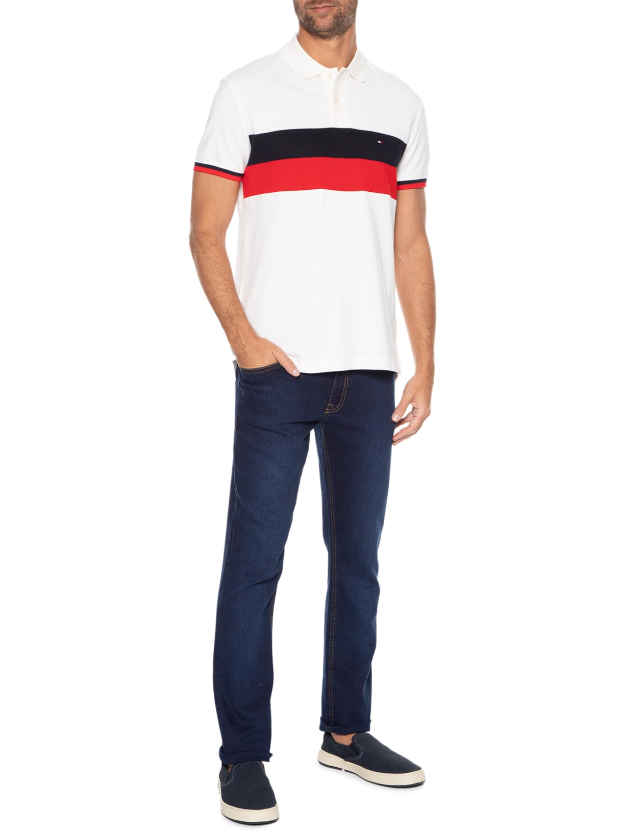 Polo Masculina Colourblock Reg Branco Tommy Hilfiger