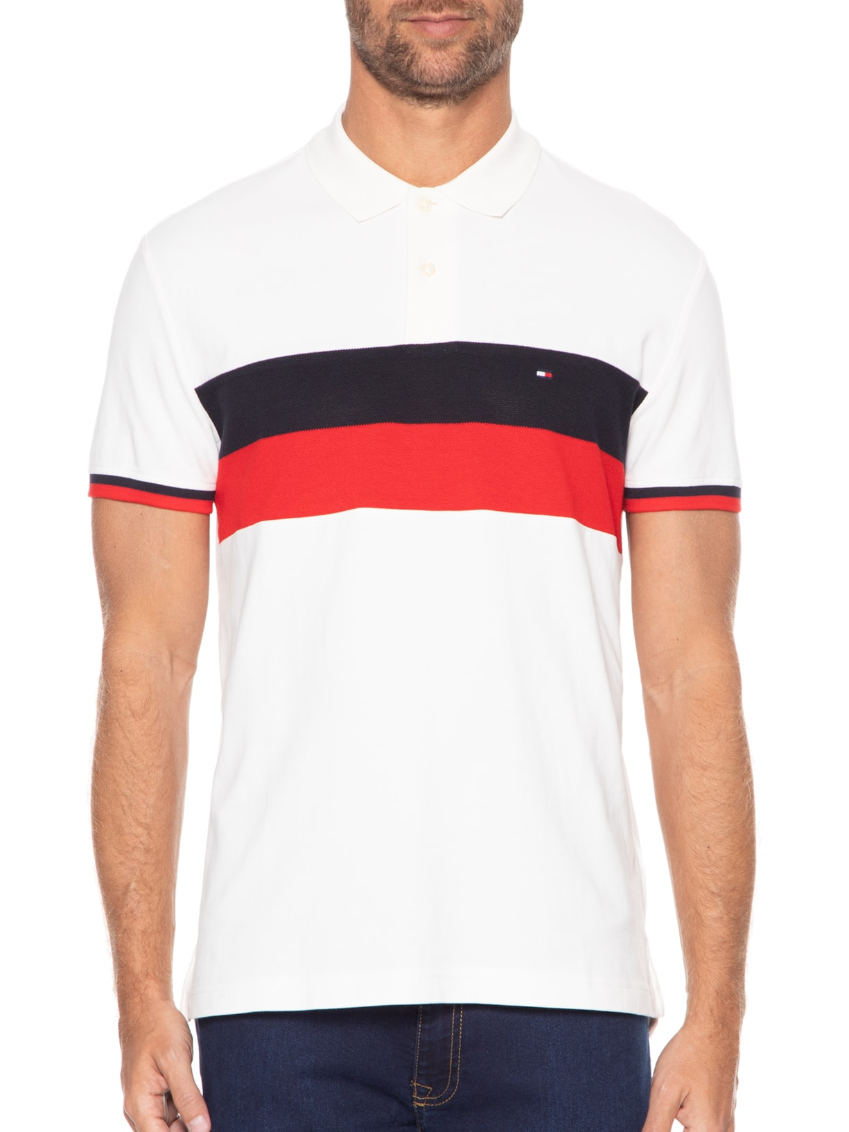 Polo Masculina Colourblock Reg Branco Tommy Hilfiger