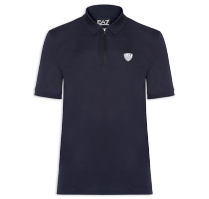 Pólo Masculina Com Zíper Logo Escudo - Azul