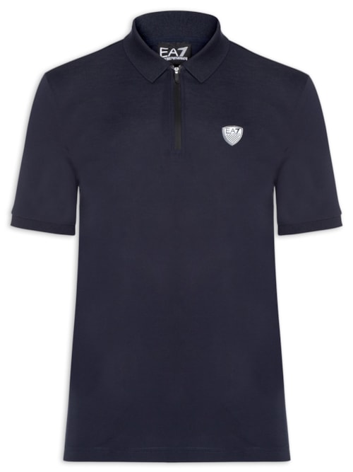 Pólo Masculina Com Zíper Logo Escudo - Azul