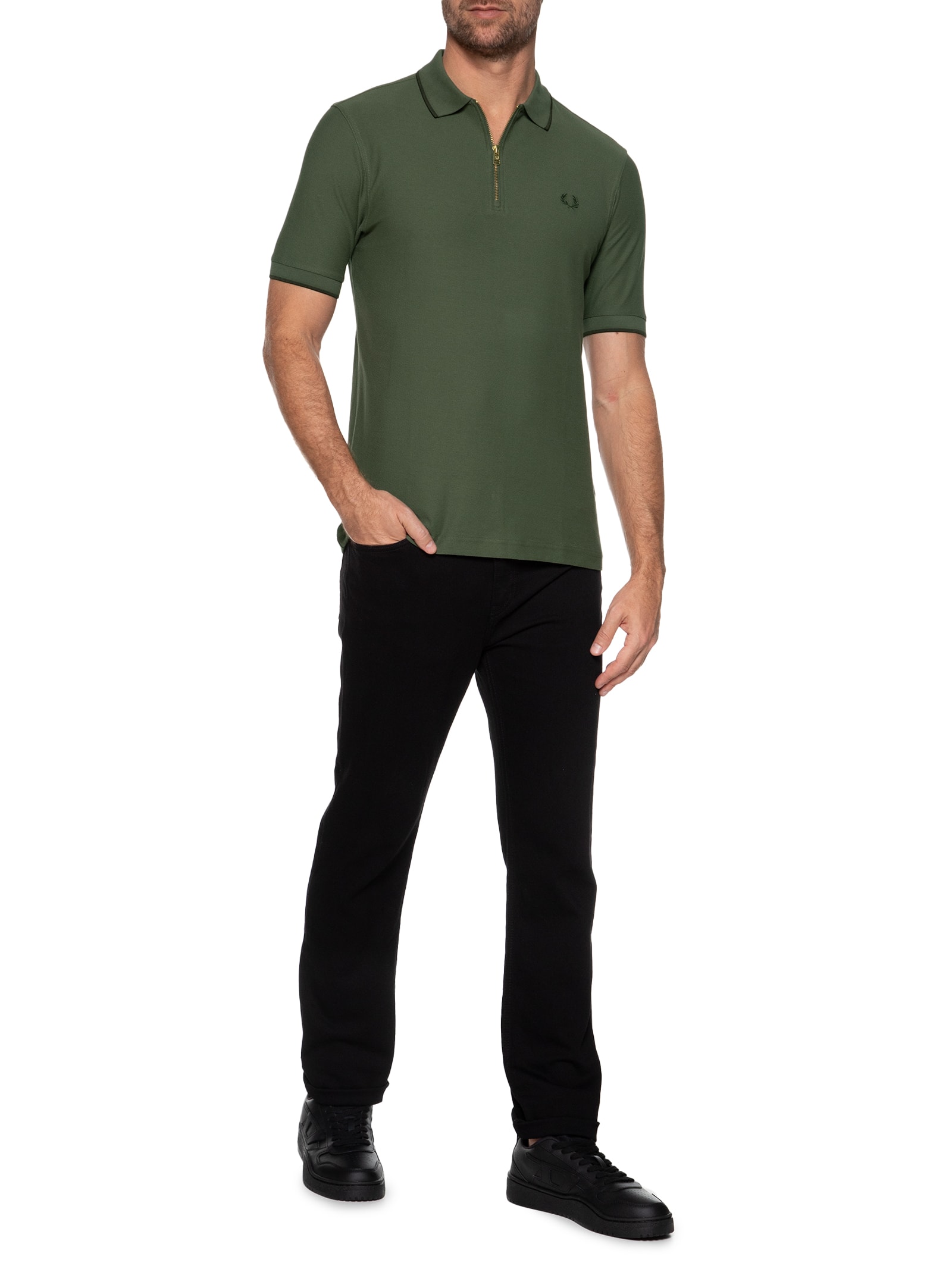 Fred Perry - Polo Masculina Crepe Piquet Zip Neck - Verde