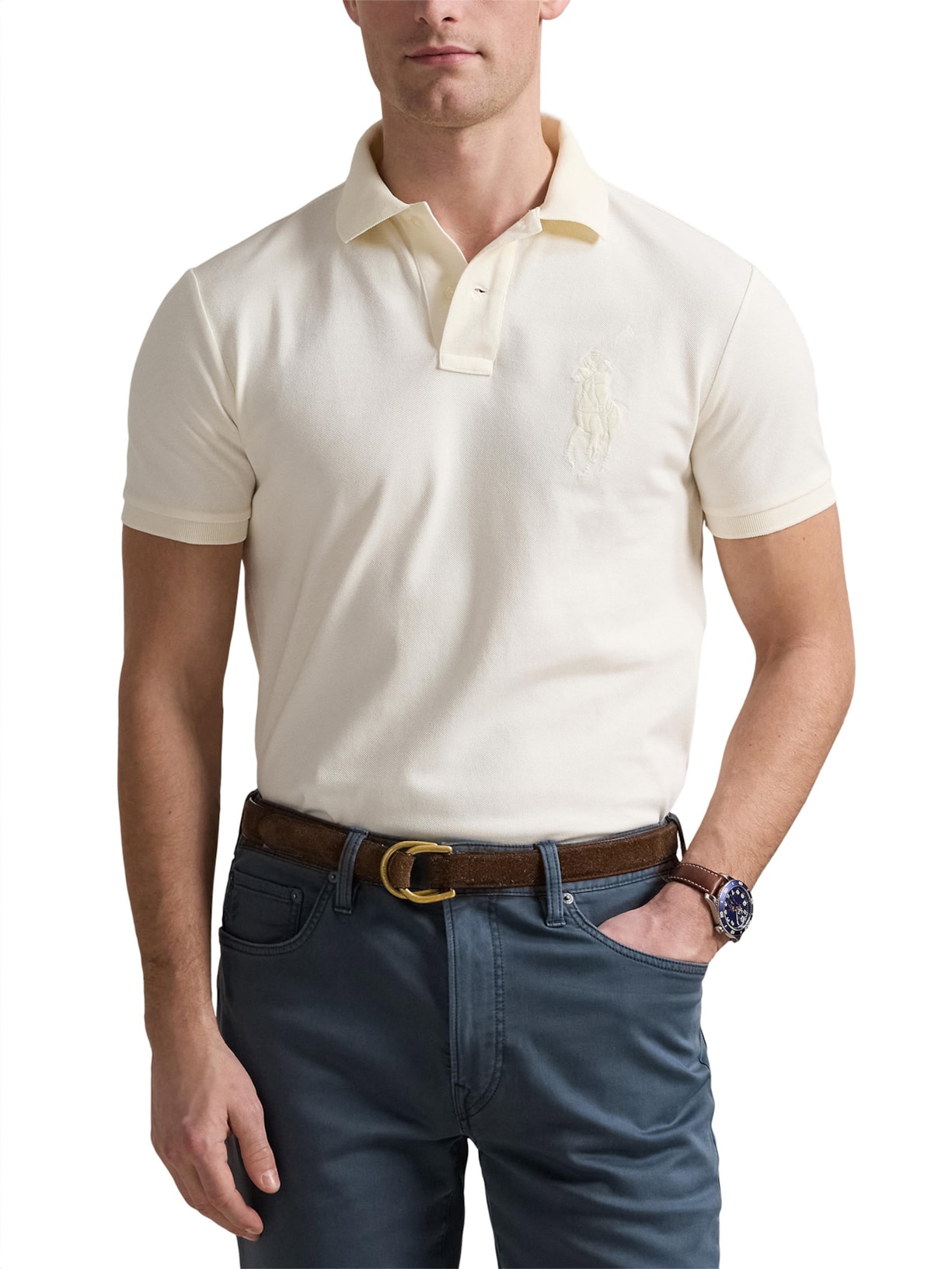 Polo Masculina Custom Slim Fit Big Pony Off White Polo Ralph Lauren