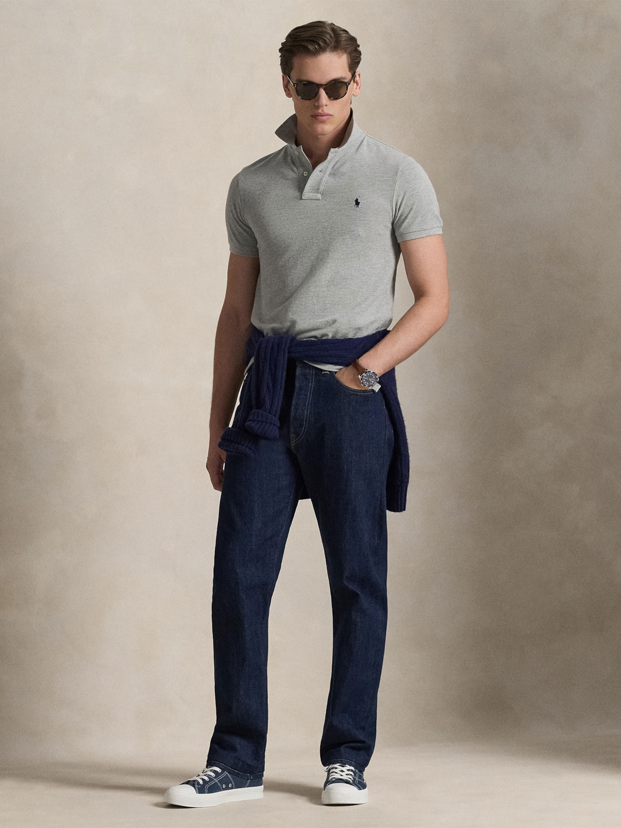 Polo Masculina Custom Slim Fit Knit Mesh Cinza Polo Ralph Lauren