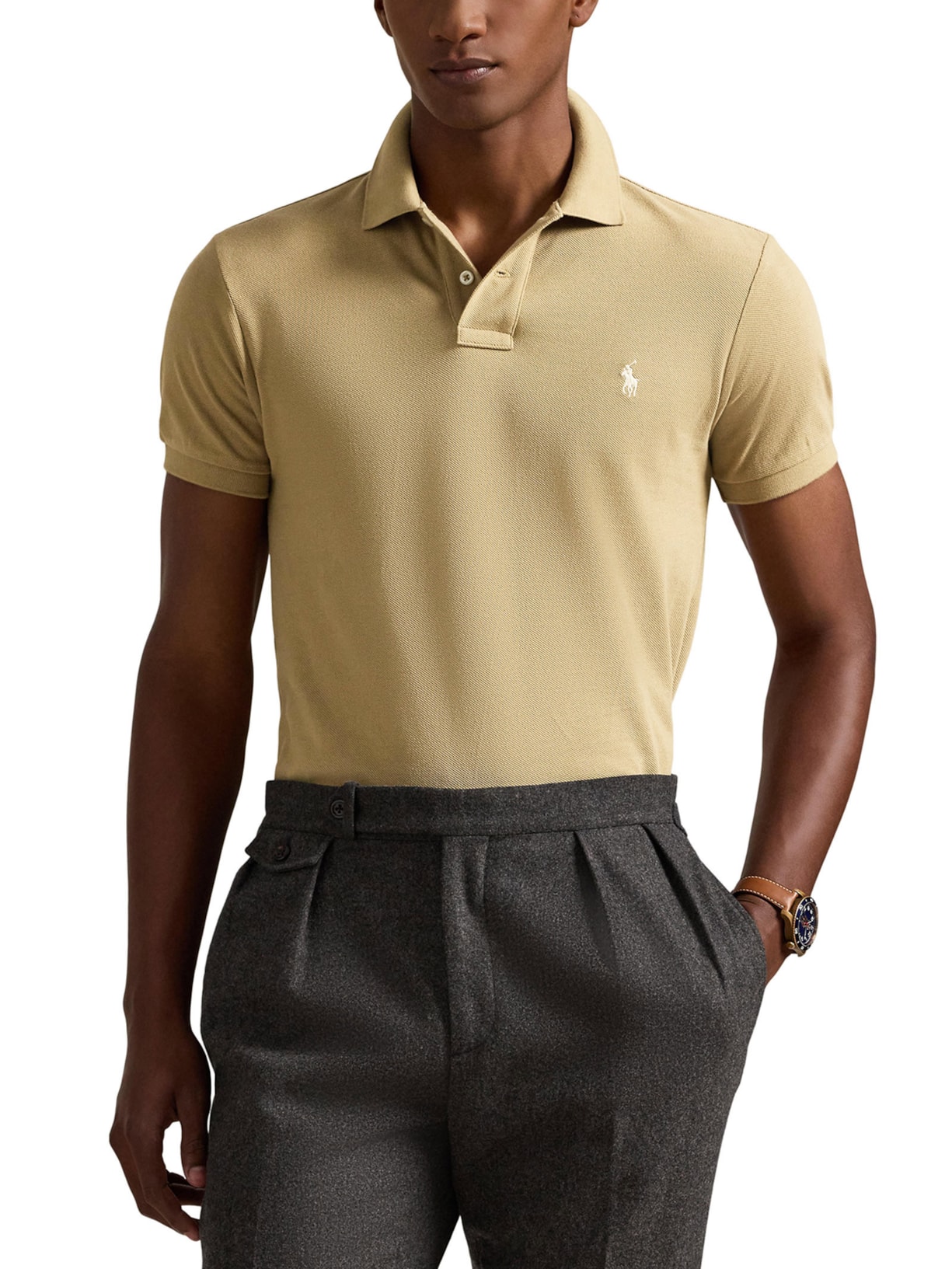 Polo Masculina Custom Slim Fit Stretch Mesh Bege Polo Ralph Lauren