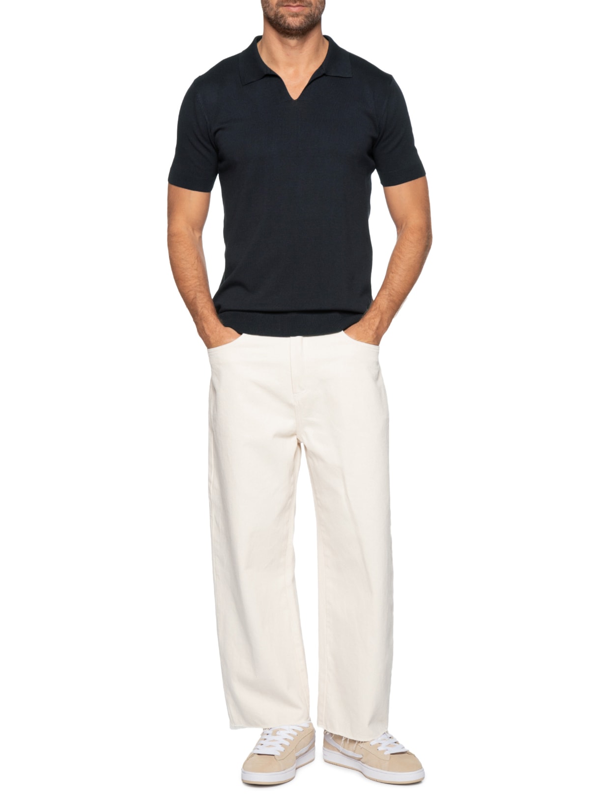 Polo Masculina De Tricot Gola V Azul Basiq Men