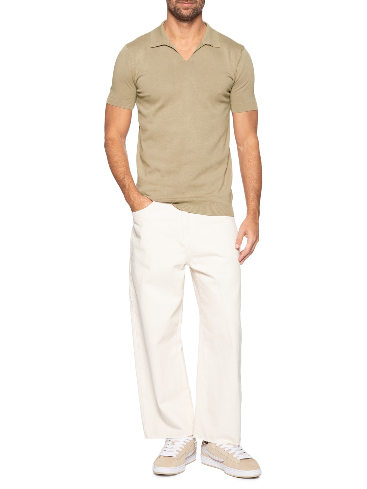 Polo Masculina De Tricot Gola V Bege Basiq Men