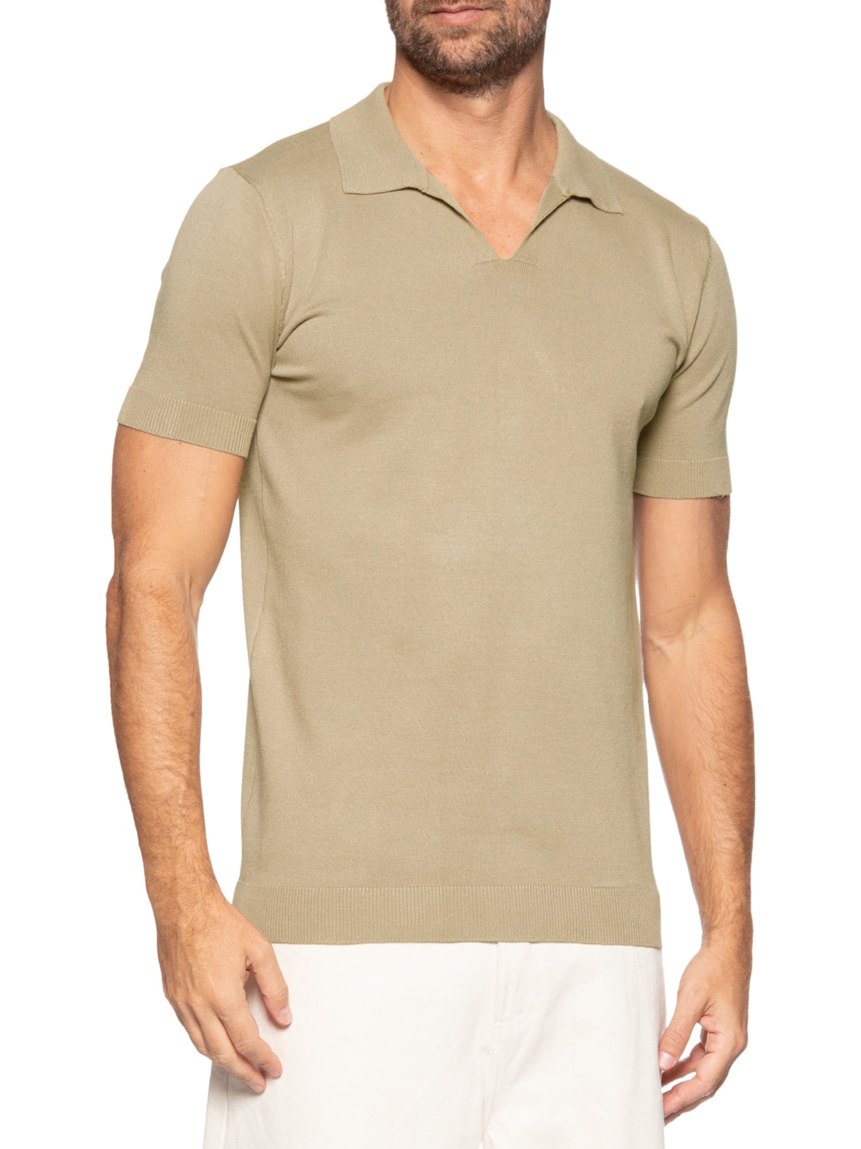 Polo Masculina De Tricot Gola V Bege Basiq Men