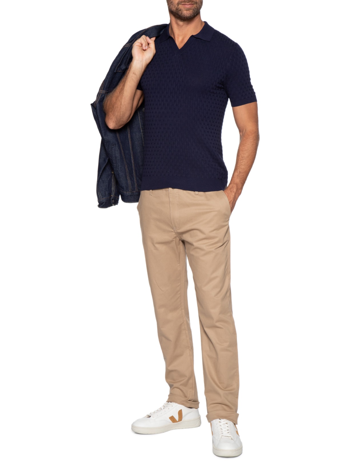 Polo Masculina Em Tricot Com Gola Colômbia  Azul Basiq Men