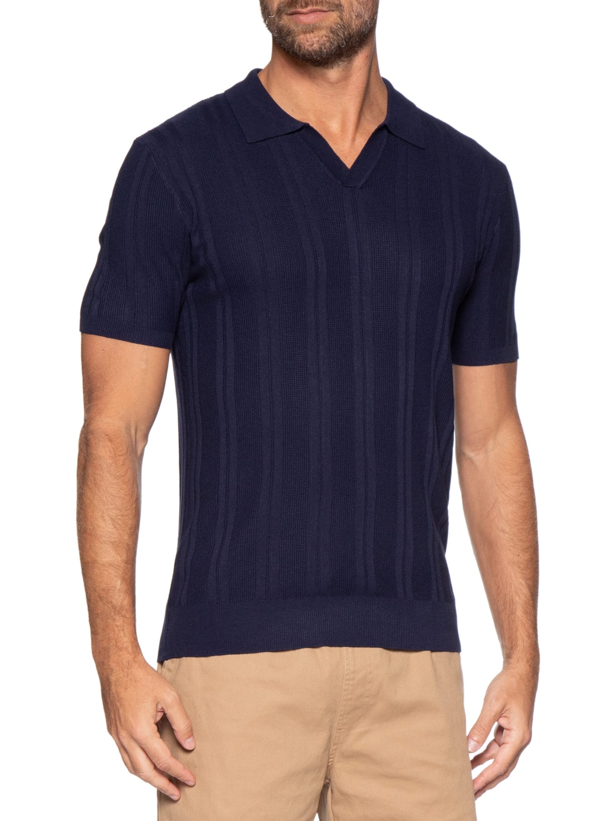 Polo Masculina Em Tricot Com Gola Colômbia  Azul Basiq Men